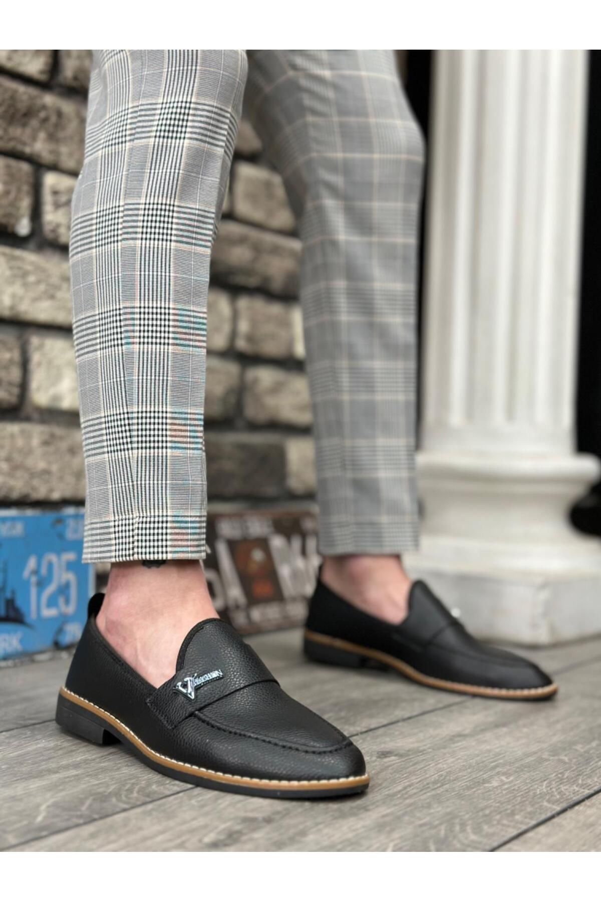 Byshoes BA0009 Cilt Püsküllü Corcik Siyah V Fashıon Tokalı Klasik Erkek Ayakkabısı