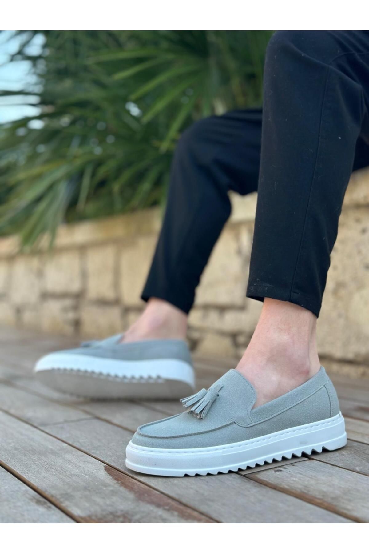 Byshoes BA0154 Bağcıksız Yüksek Taban Gri Süet Püsküllü Erkek Ayakkabı