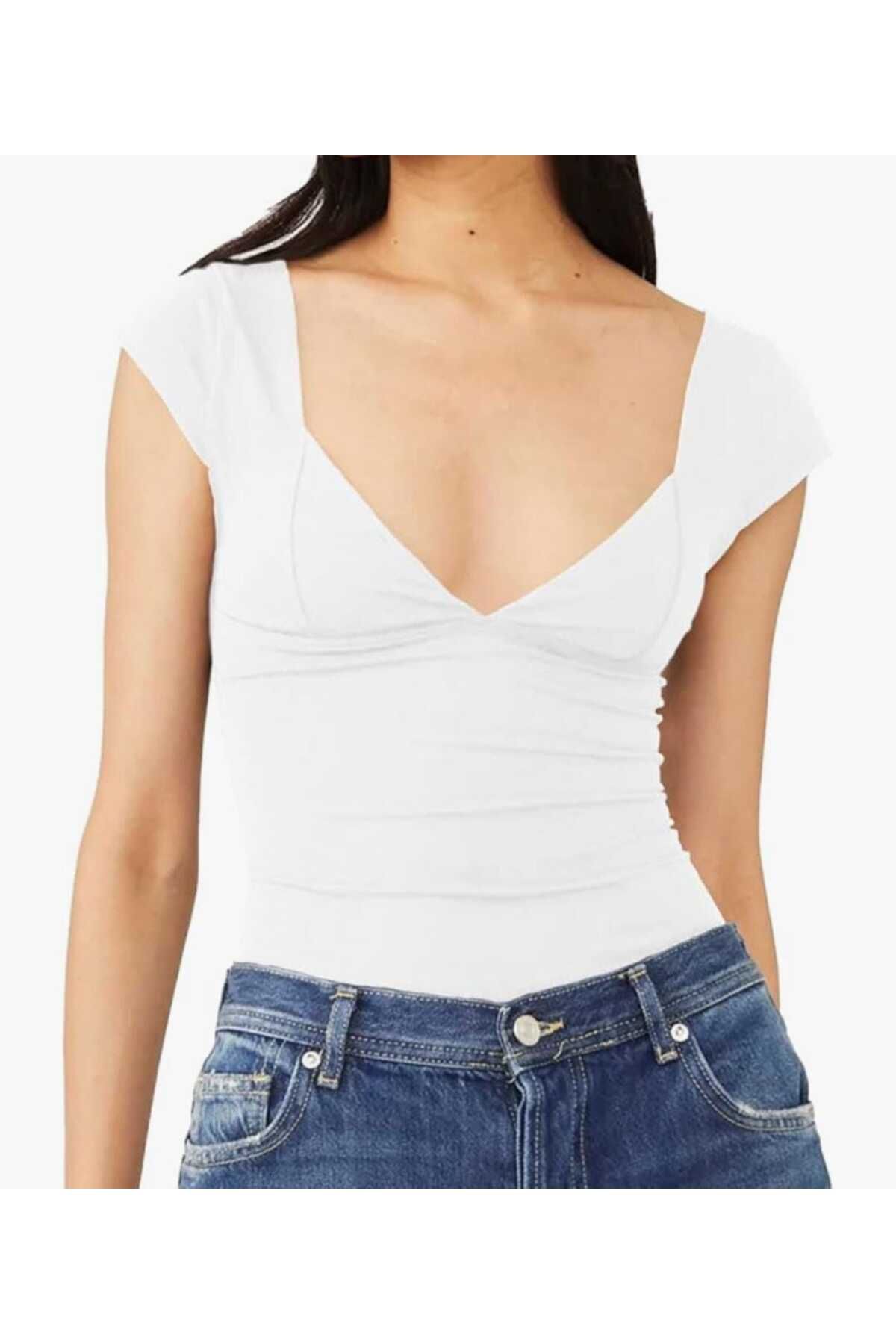 milio Kadın Kalp Yaka Vücuda Oturan Likralı T-shirt