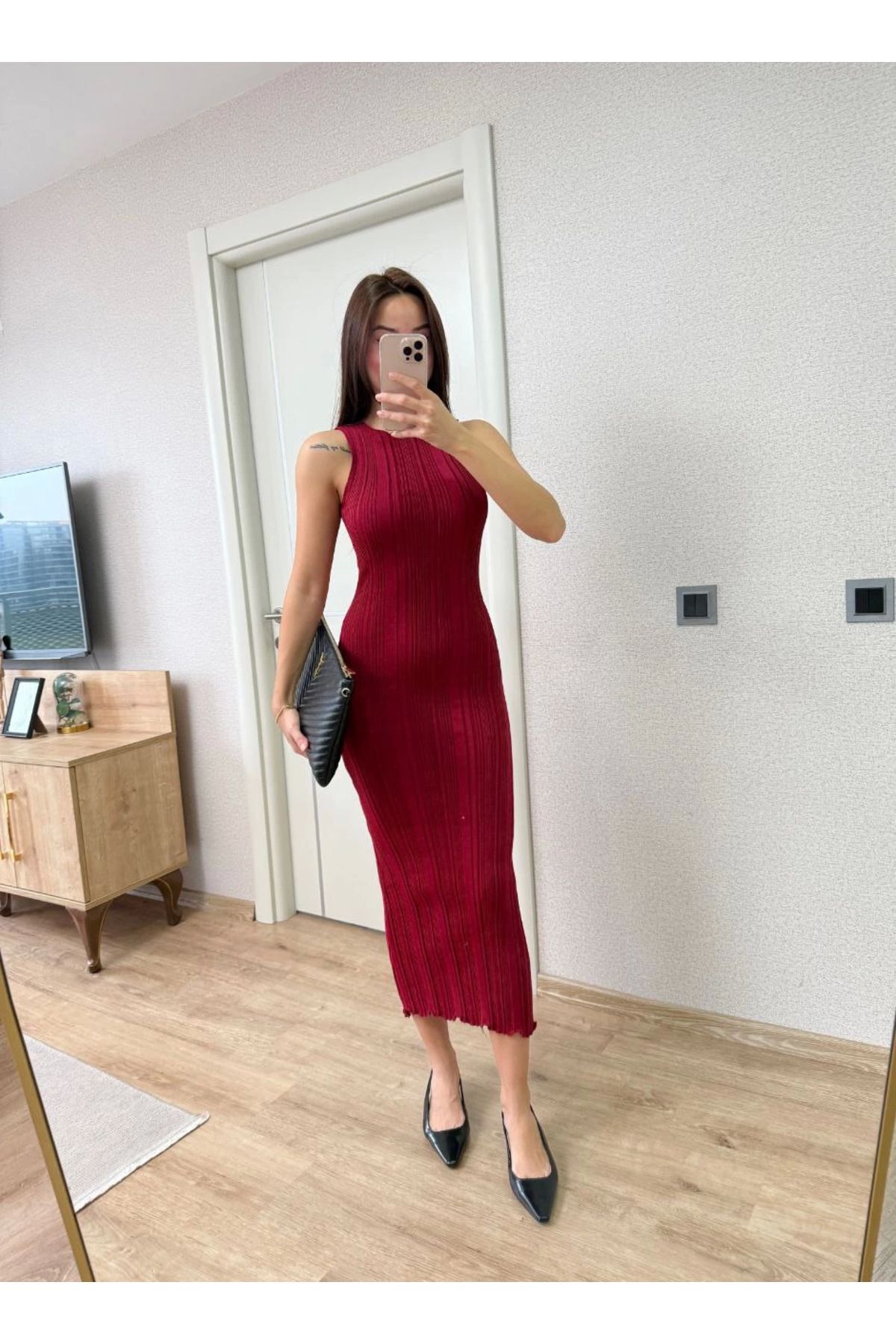 Kadınle Fitilli Triko Elbise Maxi Uzun boy - Bordo