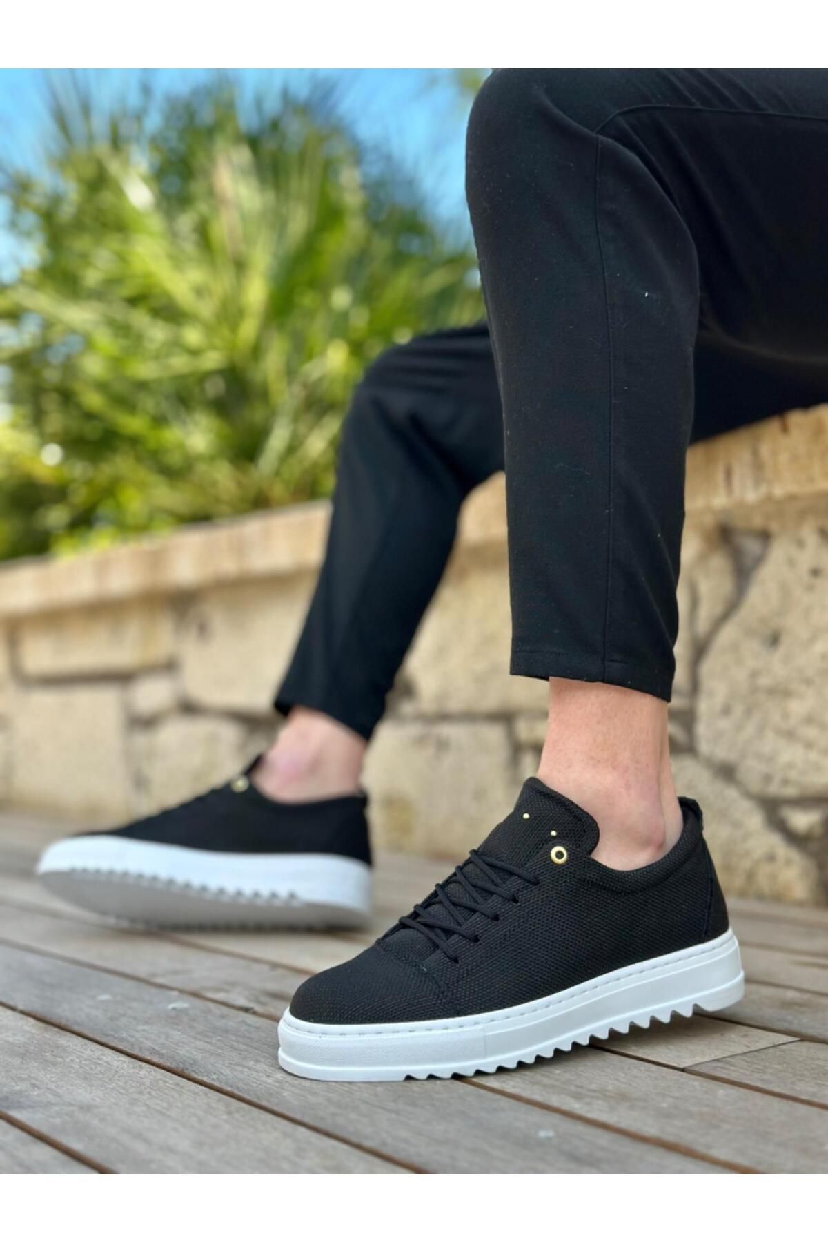 Byshoes BA0152 Bağcıklı Yüksek Taban Siyah Keten Erkek Ayakkabı