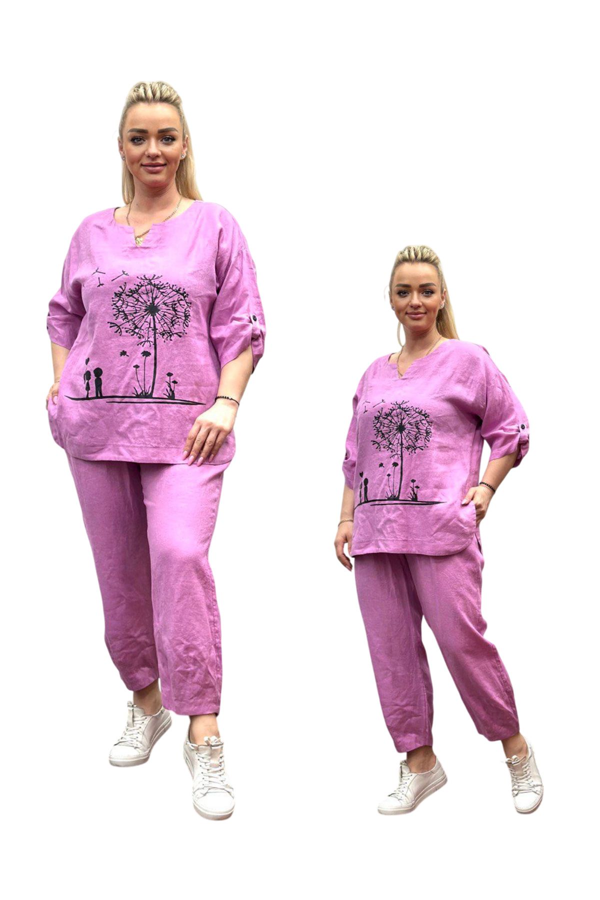 TESSY KADIN LİLA RENGİ DESENLİ BÜYÜK BEDEN KETEN PATOLON-BLUZ İKİLİ TAKIM