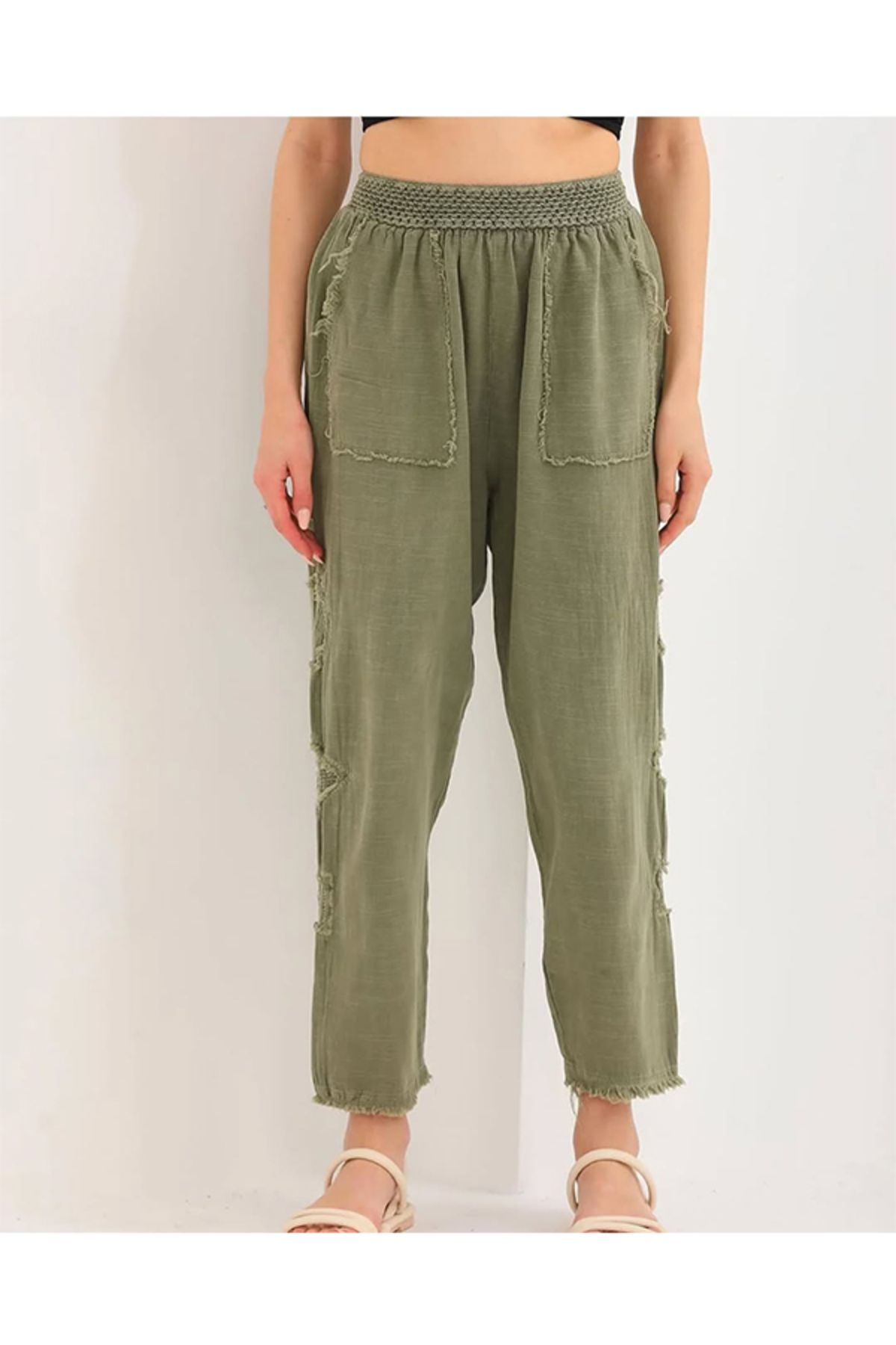 Namaste Vintage Bel kısmı lastikli yamalı model keten şalvar tip pantolon