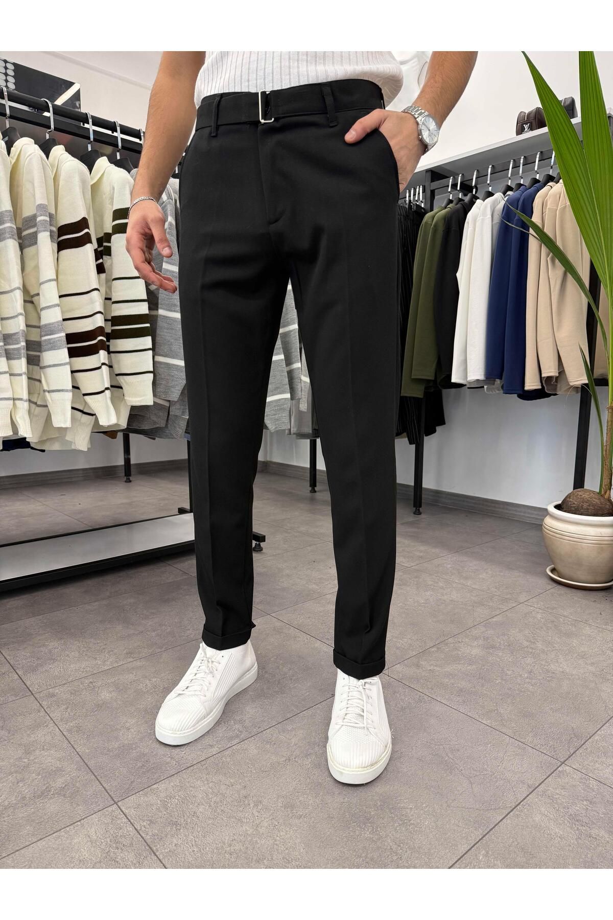 Butik Kemer Detaylı Duble Paça Kumaş Pantolon Siyah