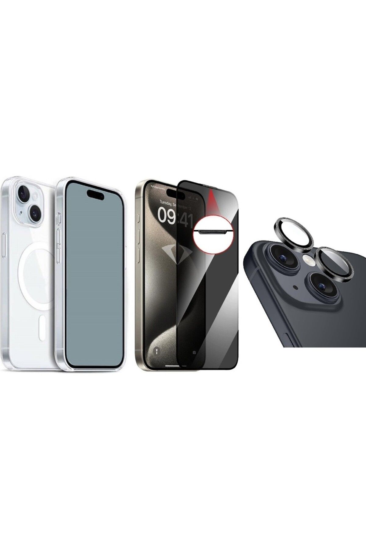 Vendas iPhone 15 Kılıf M-safe Şarj Özellikli Sert PC Embos Kapak + Kamera Lens + Hayalet Ekran Koruyucu