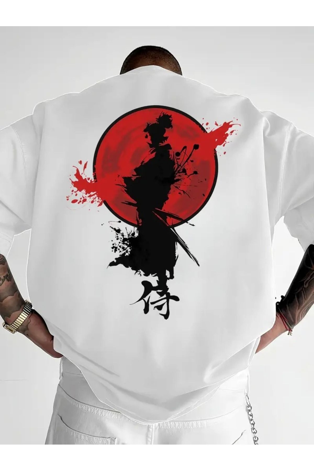 LAND MODA Erkekler için Japon Samuray Baskılı Kısa Kollu T-Shirt - Rahat Yuvarlak Yaka, Bol Kesim,