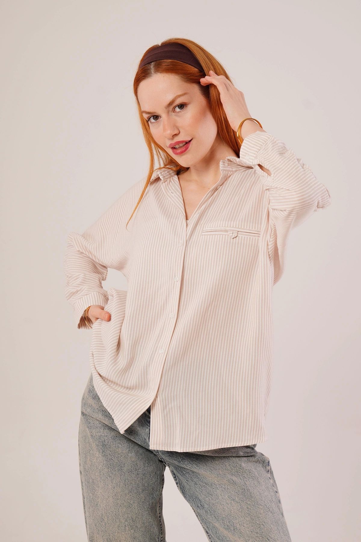 MODA Cep Detay Çizgili Oversize Krem Gömlek