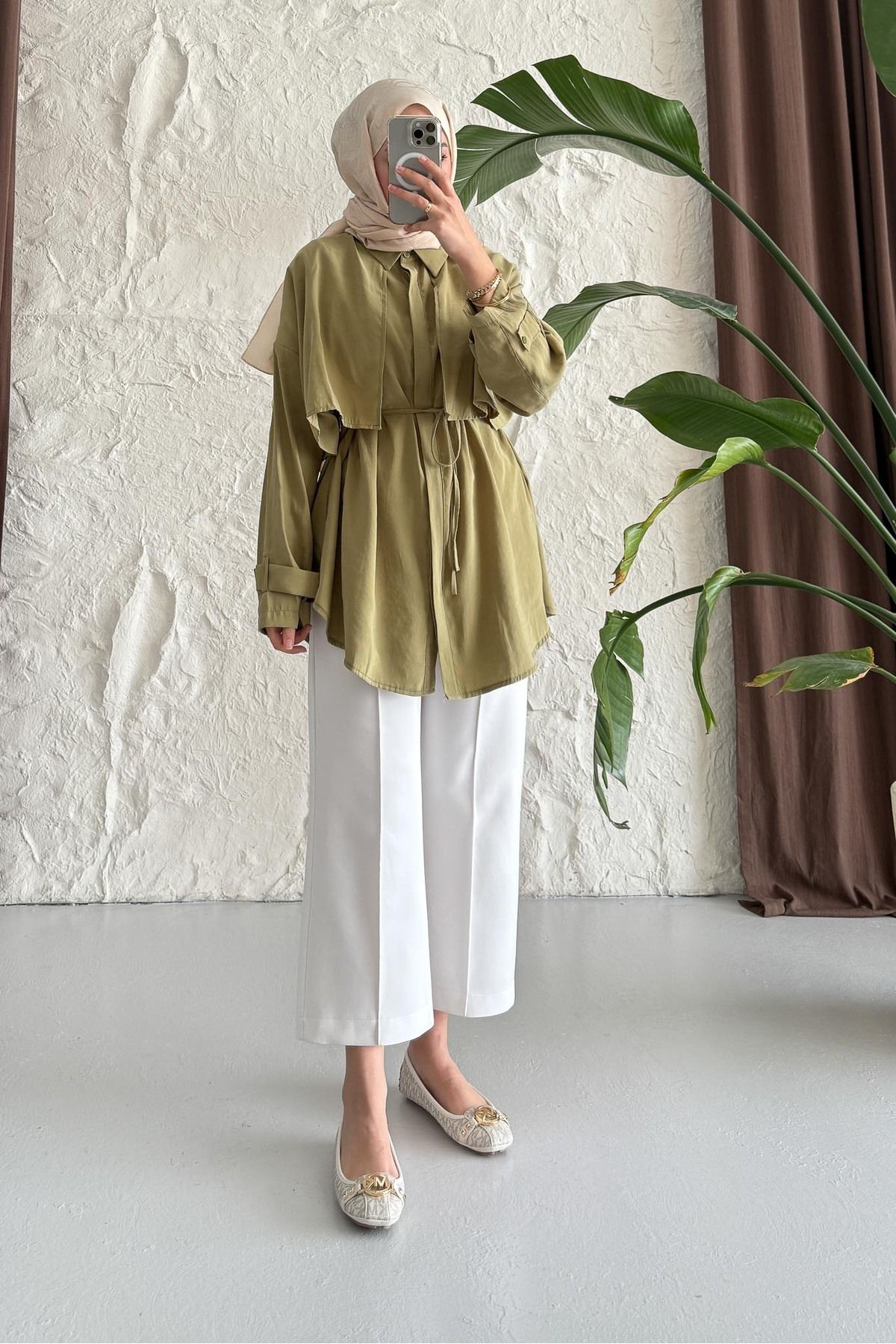 Rimel Moda Trenç Gömlek Yağ Yeşili