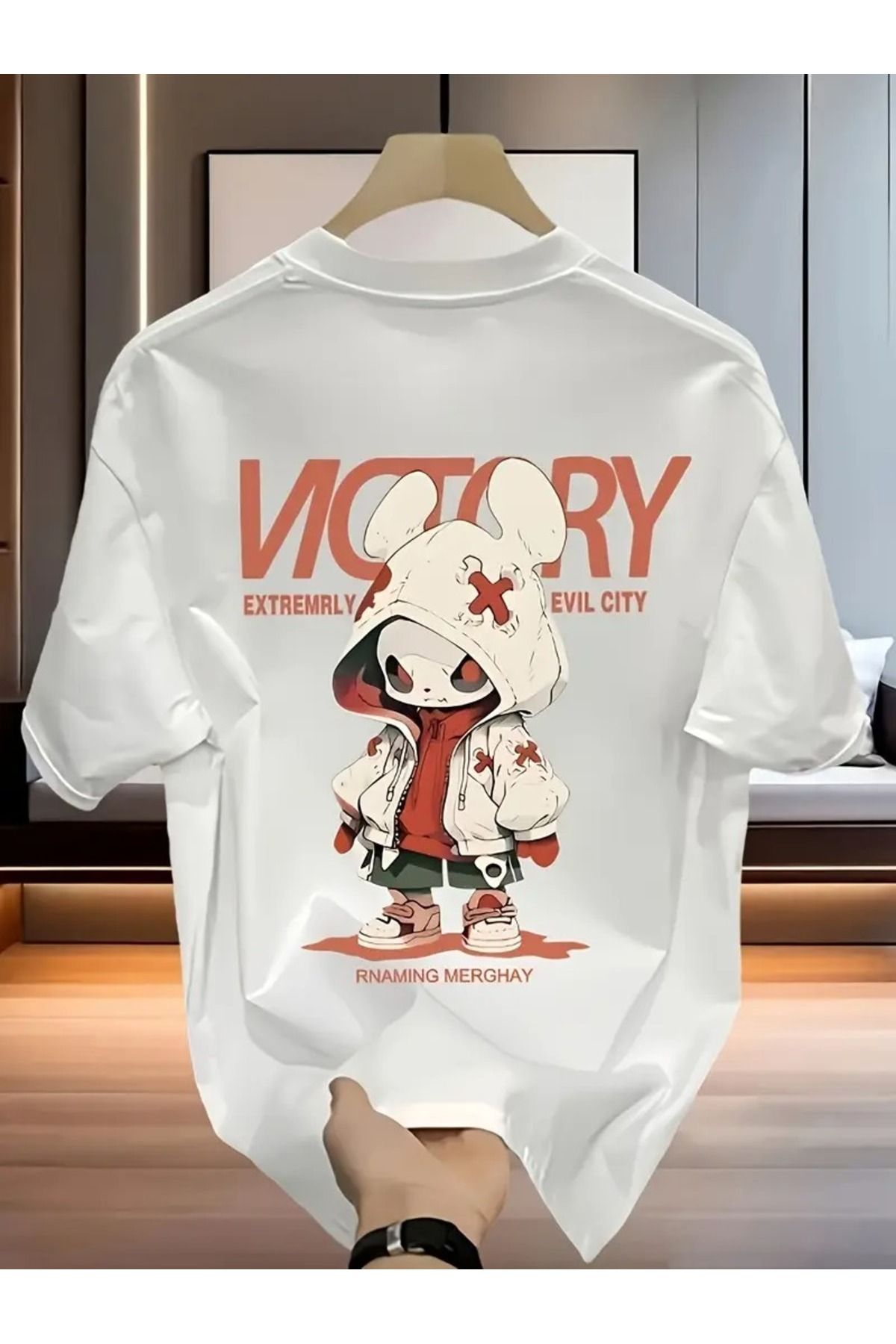 LAND MODA Erkekler için rahat "Zafer" grafik tişörtü - %100 pamuk, kısa kollu, yuvarlak yaka, bol kesim,
