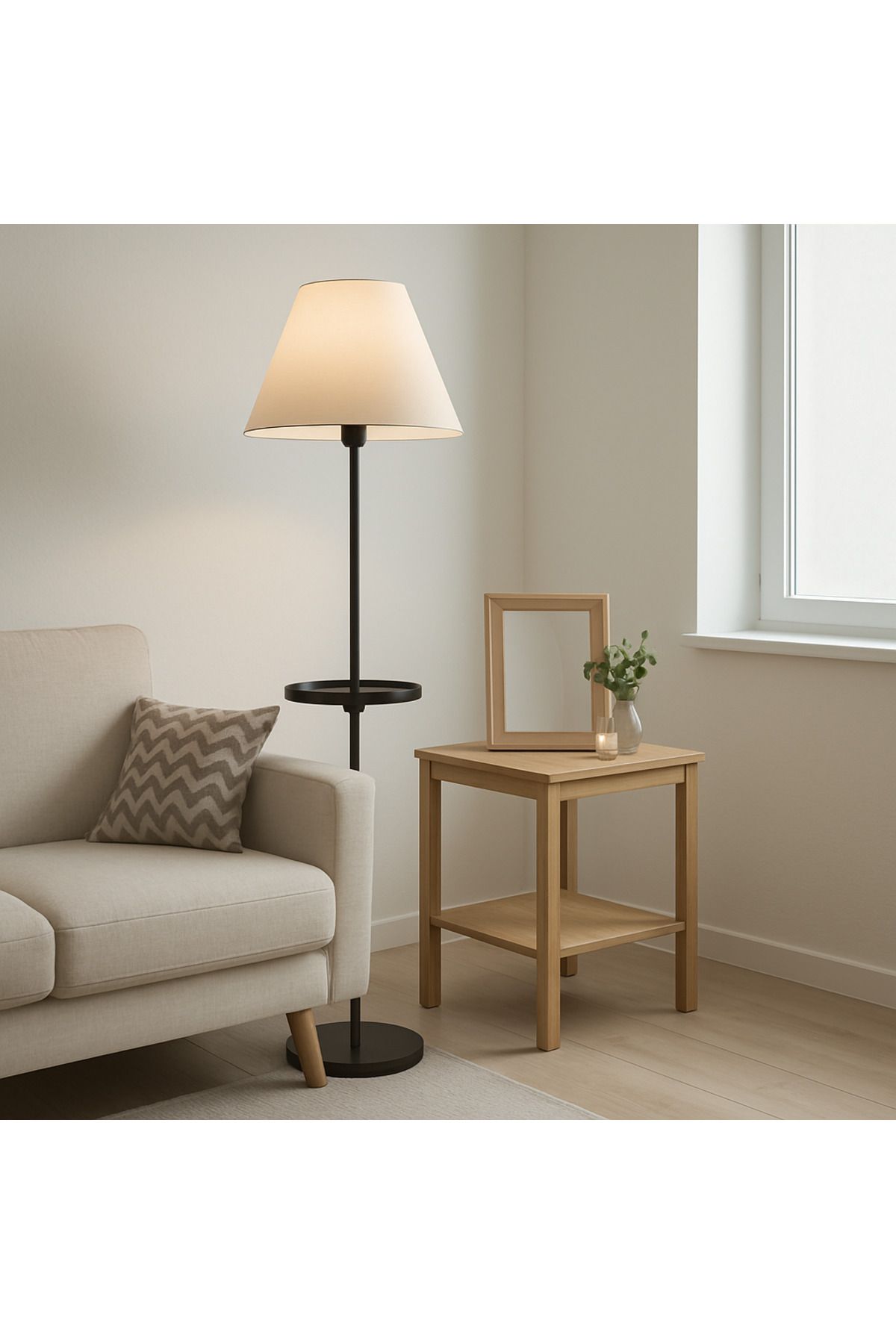 AMBİYANS HOME Monera Metal Gövdeli Raflı Lambader - Konik Şapkalı Modern Tasarım