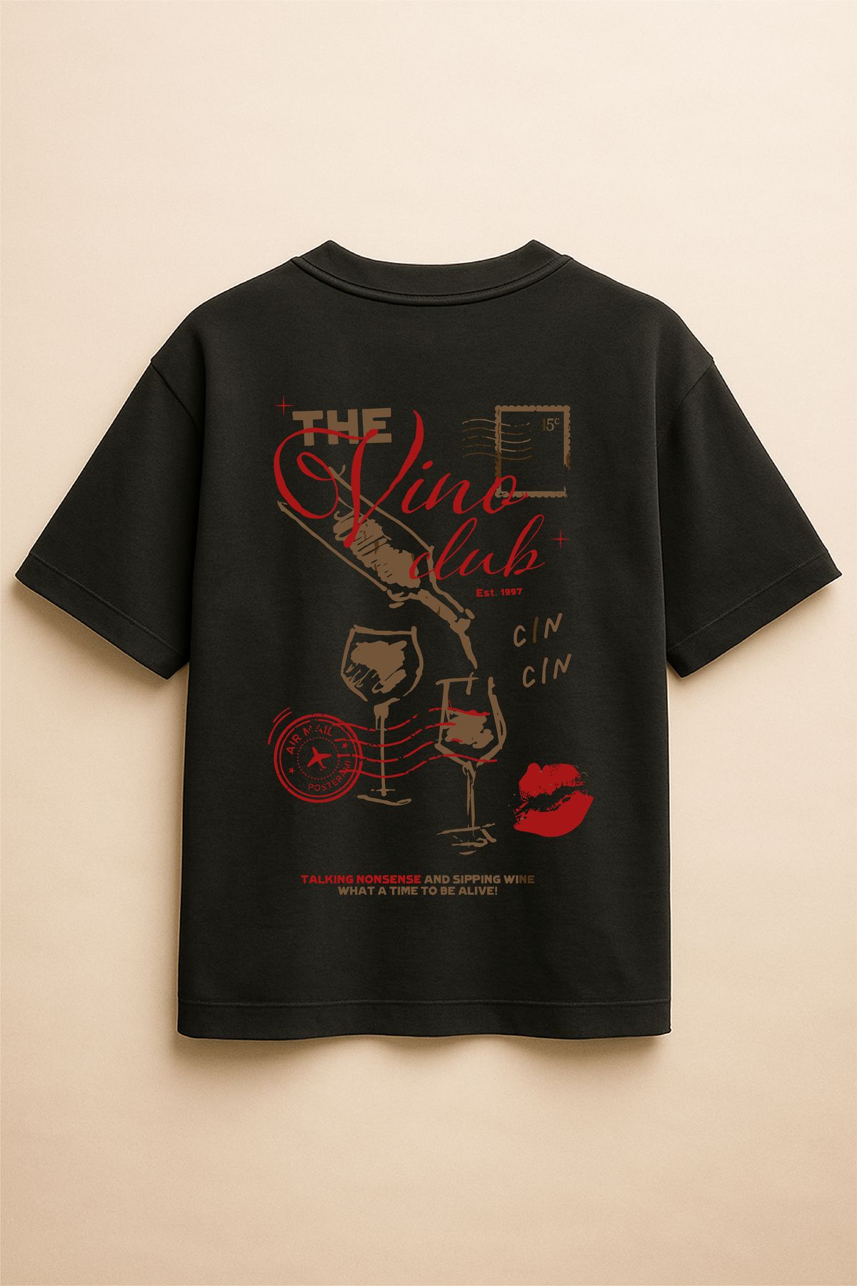 Altair Tr Siyah Renk Oversize The Vine Club Şarap Baskılı Unisex Tişört T-Shirt