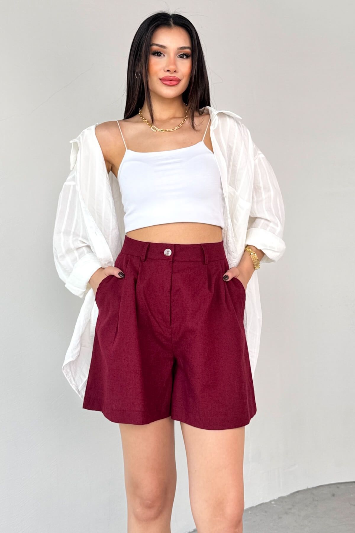 Cappmoda ŞRT-16028 Bordo Cepli Yüksek Bel Kısa Keten Şort
