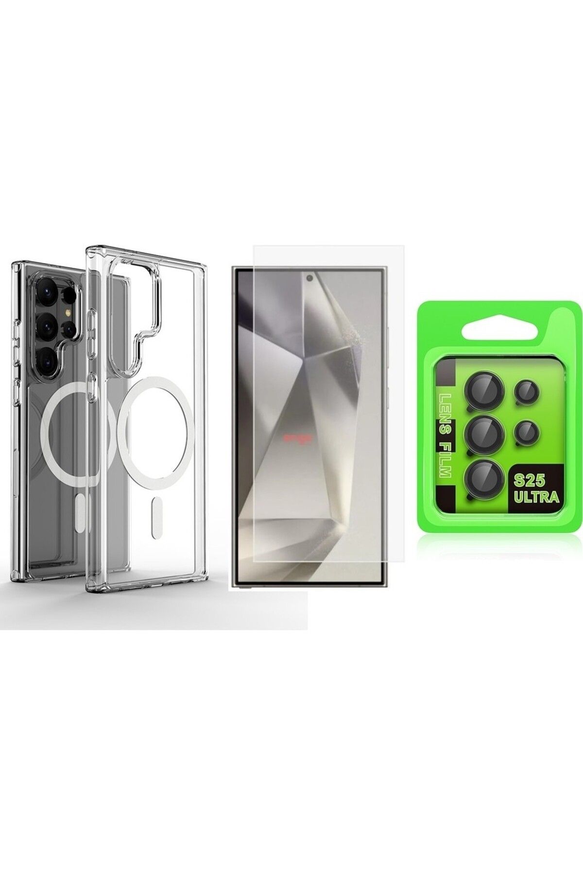 Vendas Samsung Galaxy S25 Ultra Kılıf M-safe Şarj Özellikli Sert PC Embos Kapak + Lens +Nano Ekran Koruyucu
