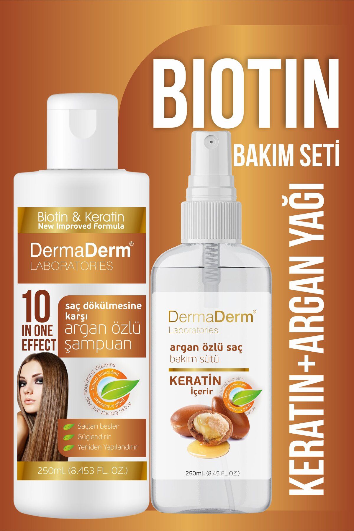 DermaDerm Argan Yağlı Biotin Keratin Bitkisel Saç Bakım Seti 250mlx2