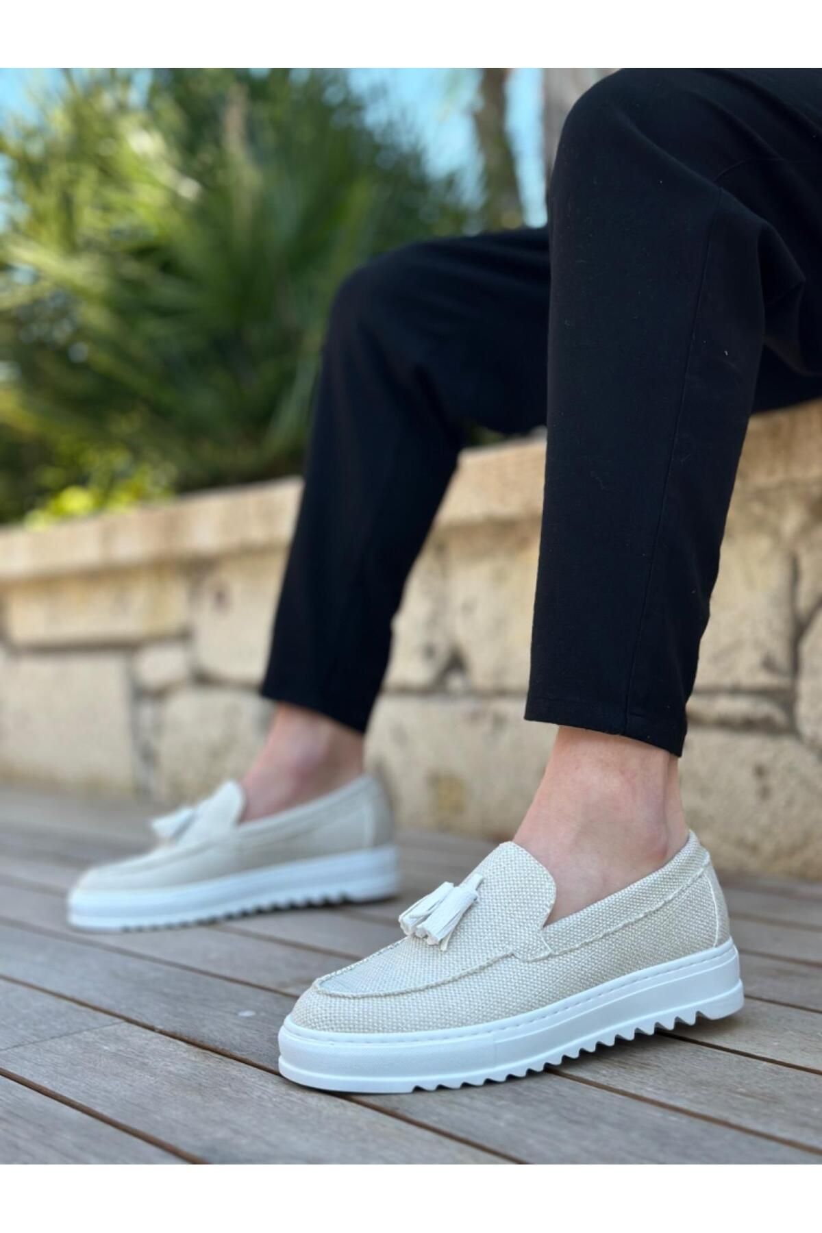 Byshoes BA0154 Bağcıksız Yüksek Taban Beyaz Keten Püsküllü Erkek Ayakkabı
