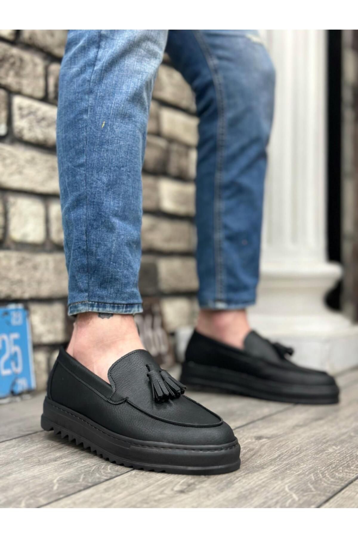 Byshoes BA0154 Bağcıksız Yüksek Taban Cilt Siyah Renk Püsküllü Erkek Ayakkabı