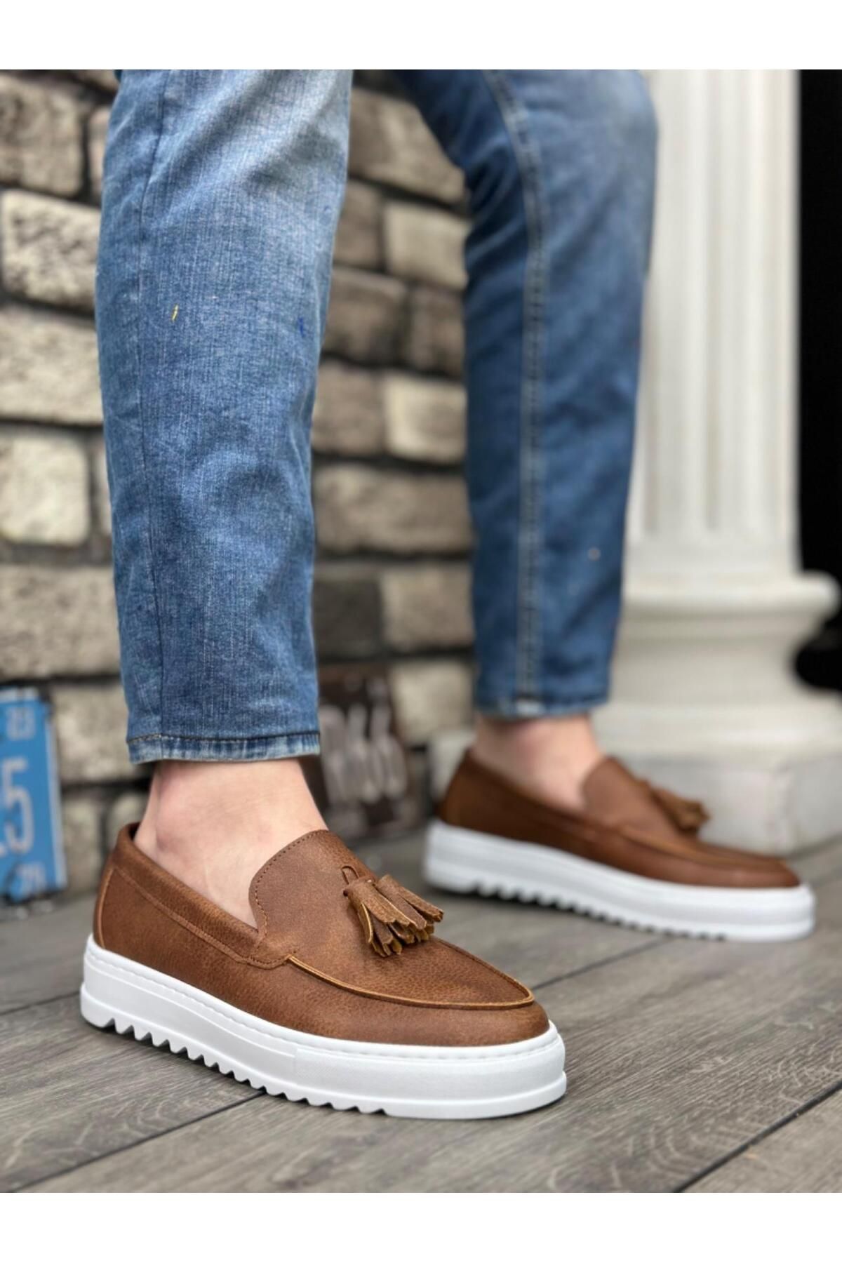 Byshoes BA0154 Bağcıksız Yüksek Taban Cilt Taba Püsküllü Erkek Ayakkabı