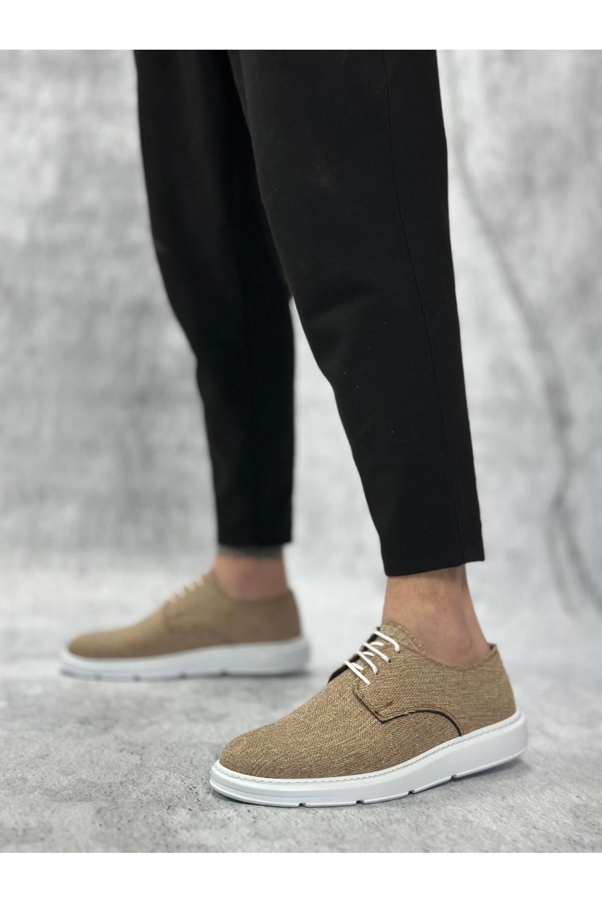 Byshoes BA0003 Bağcıklı Klasik Spor Keten Hardal Beyaz Taban Casual Erkek Ayakkabı
