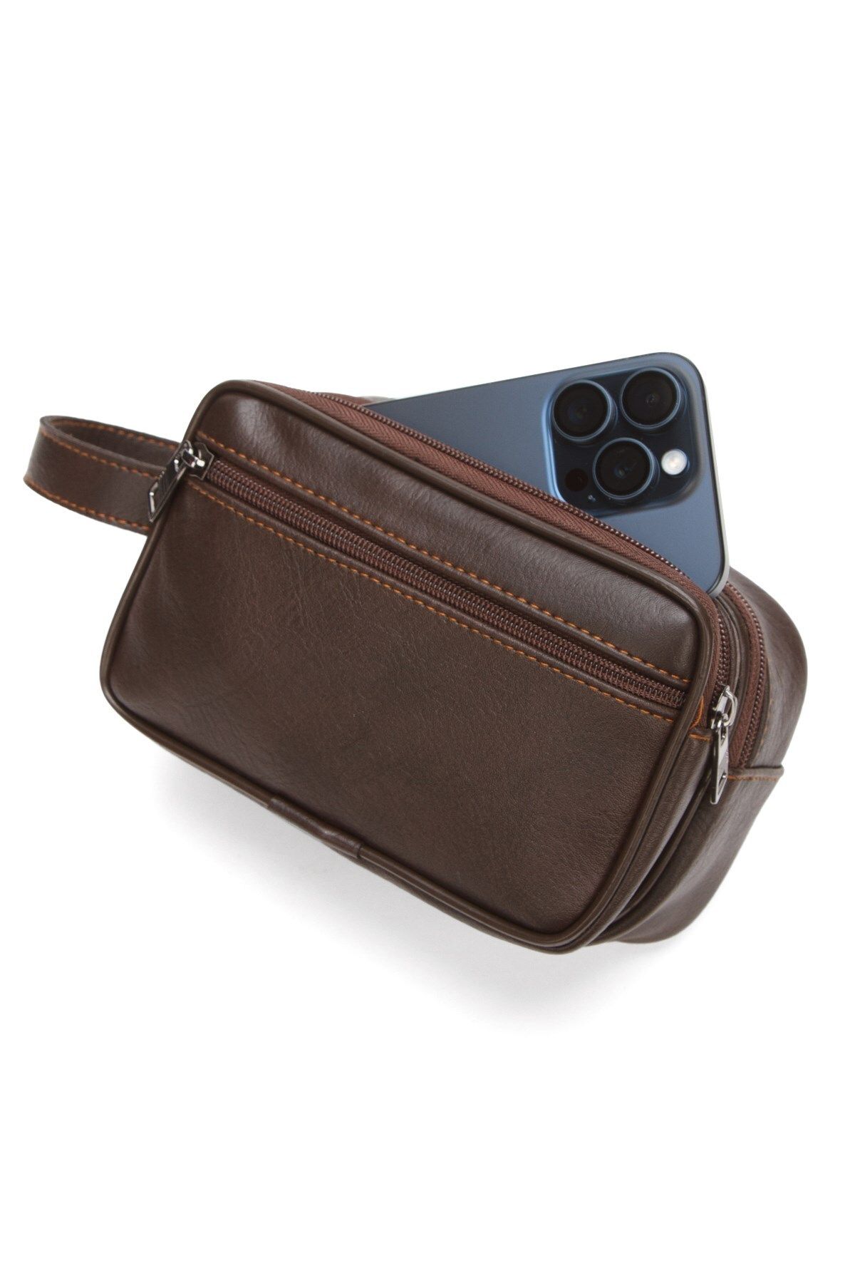 Newish Polo Erkek Kahverengi Bileklik Kemerli Portföy Clutch Traş Kozmetik El Çantası