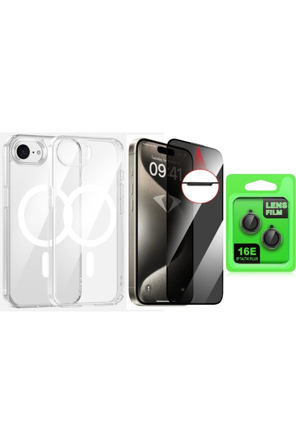 Vendas iPhone 16E Kılıf M-safe Şarj Özellikli Şeffaf Sert PC Embos Kapak+Kamera Lens+Hayalet Ekran Koruyucu