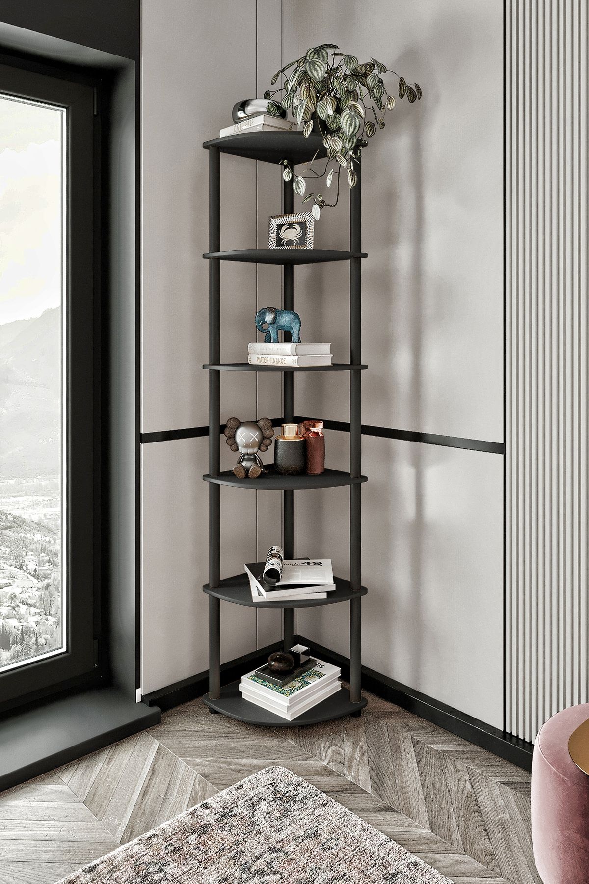 RC HOME Dekoratif 6 Raflı Köşe Kitaplık