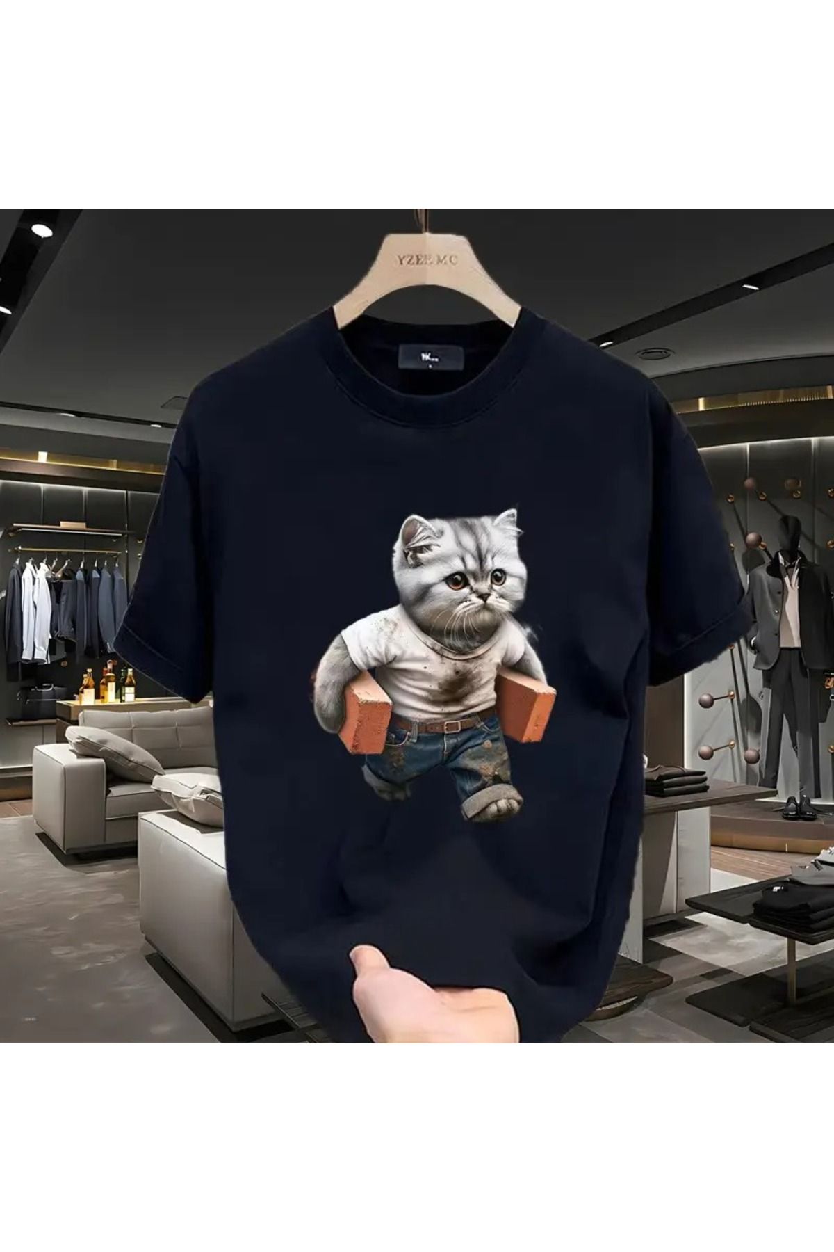 LAND MODA Erkekler için Eğlenceli Kedi & Tuğla Baskılı Pamuklu Tişört - Günlük Yuvarlak Yaka, Kısa Kollu