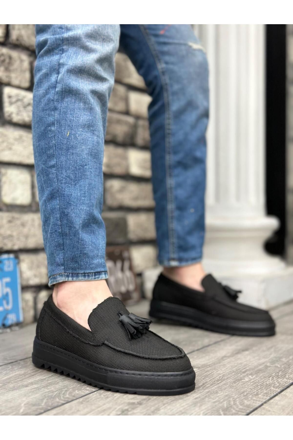 Byshoes BA0154 Bağcıksız Yüksek Taban Siyah Keten Siyah Taban Püsküllü Erkek Ayakkabı