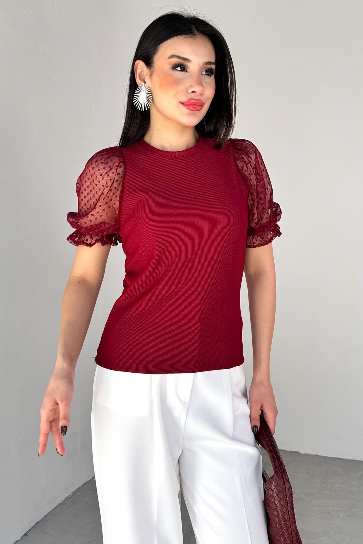 Cappmoda BLZ-06281 Bordo Dantelli Lastikli Balon Kol Detaylı Bluz