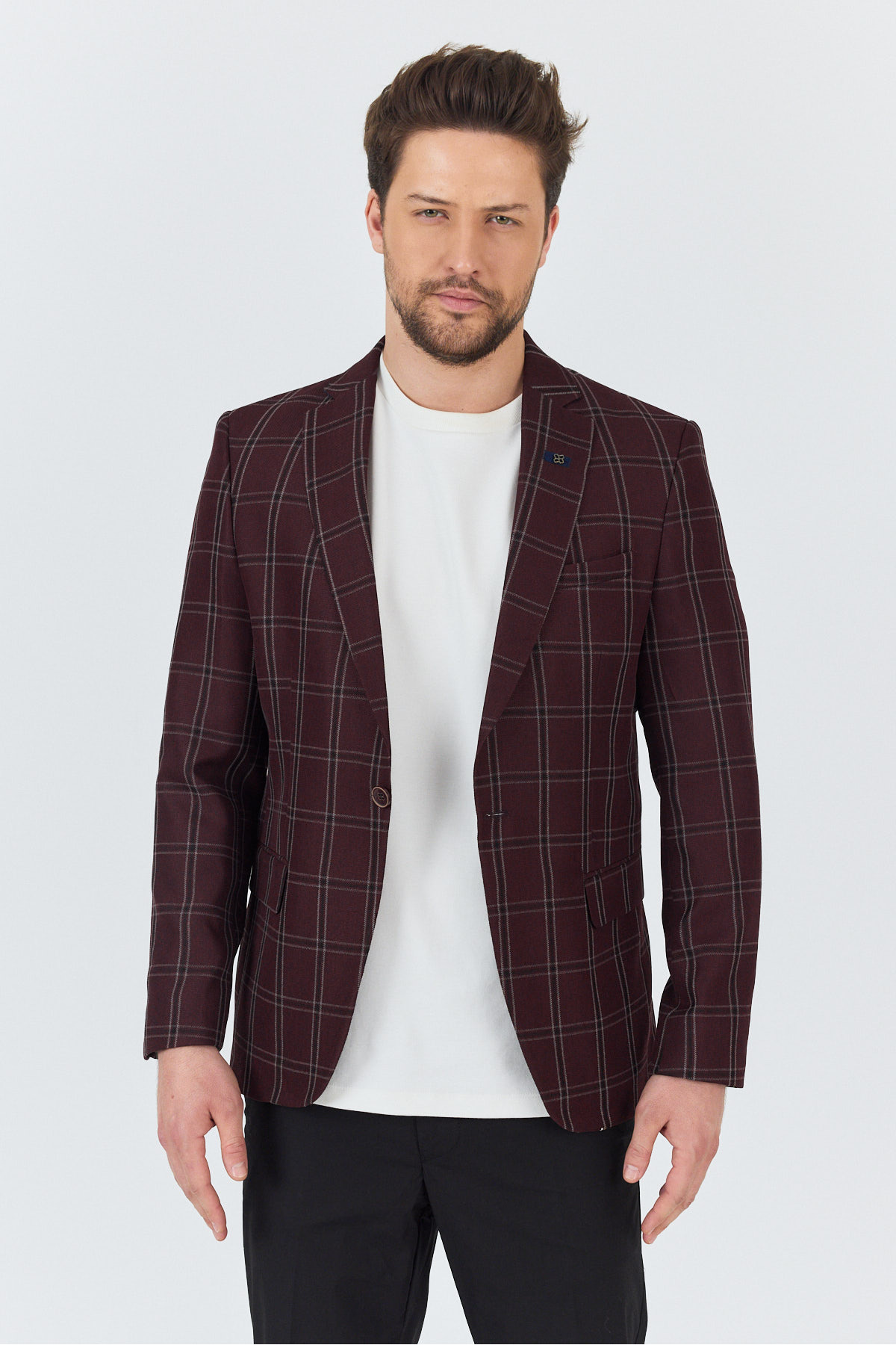 Frappoli-Sarmue Men's Burgundy Plaid Check Cotton Polyester Fabric Slim Fit Slim Fit Sports Blazer Jacket 1