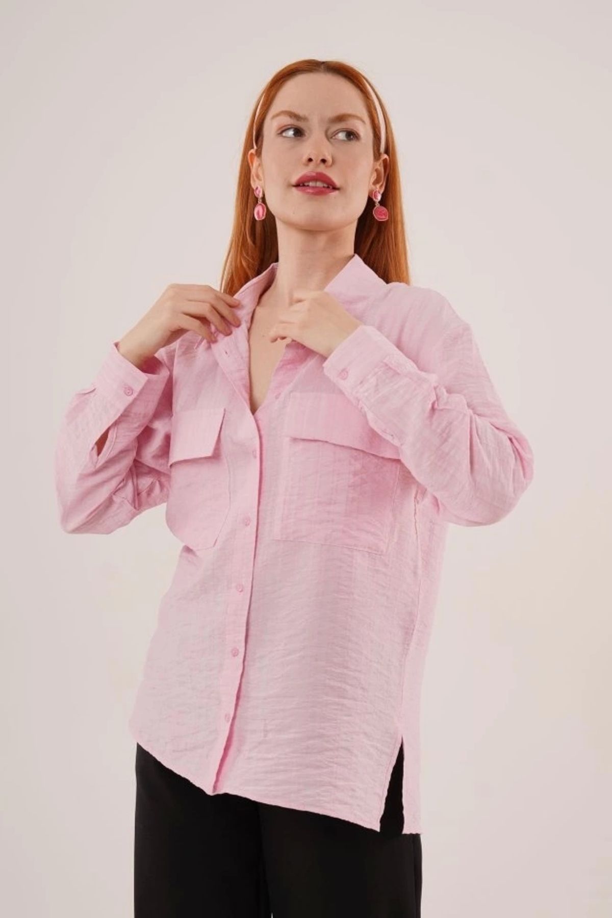 MODA Kendinden Çizgili Cepli Ve Düğmeli Pembe Gömlek