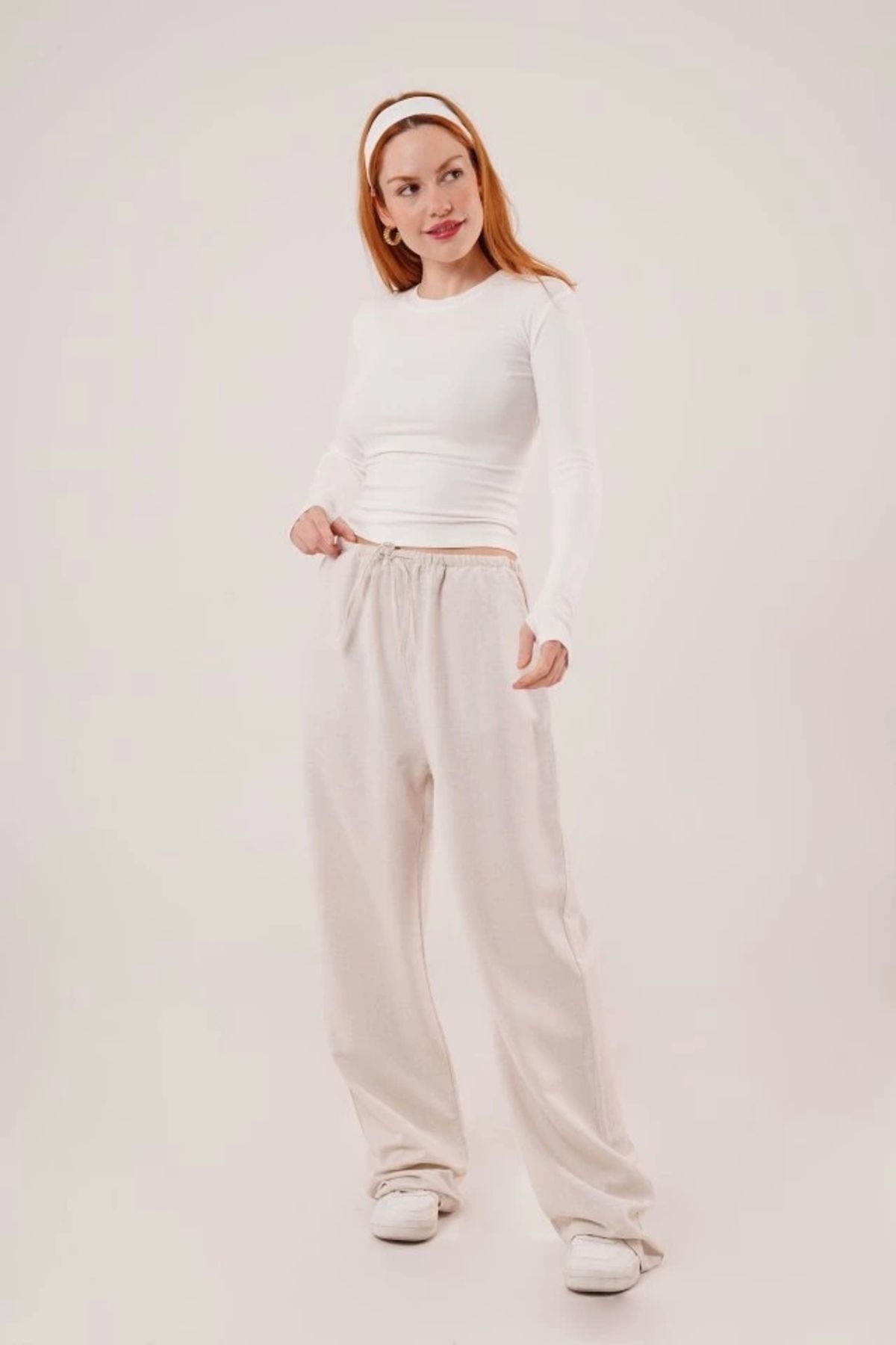 MODA Cepli Bağlama Detaylı Keten Ekru Pantolon