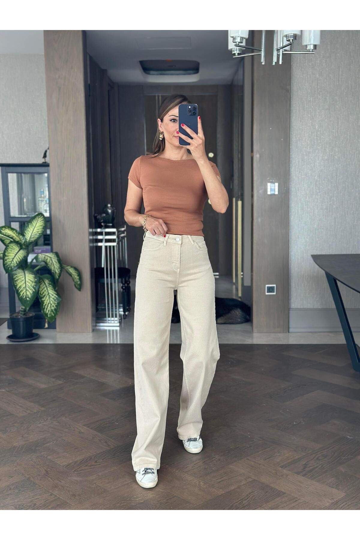 Forlady Butik Bej Lacarino Wide Leg Kadın Jean Pantolon