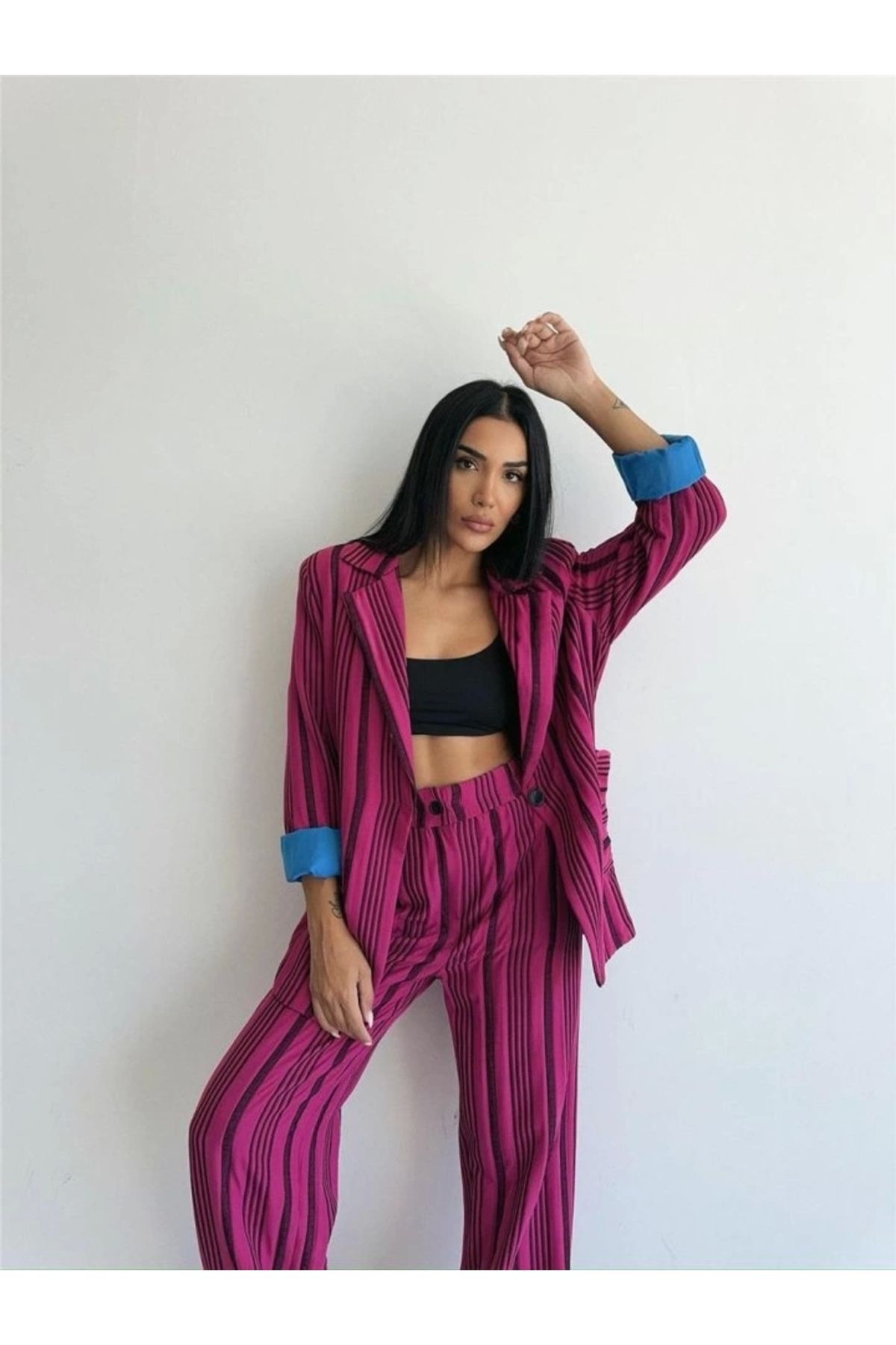 MODA OTTOAN ÇİZGİİ CEKETPANTOON TK Fuşya