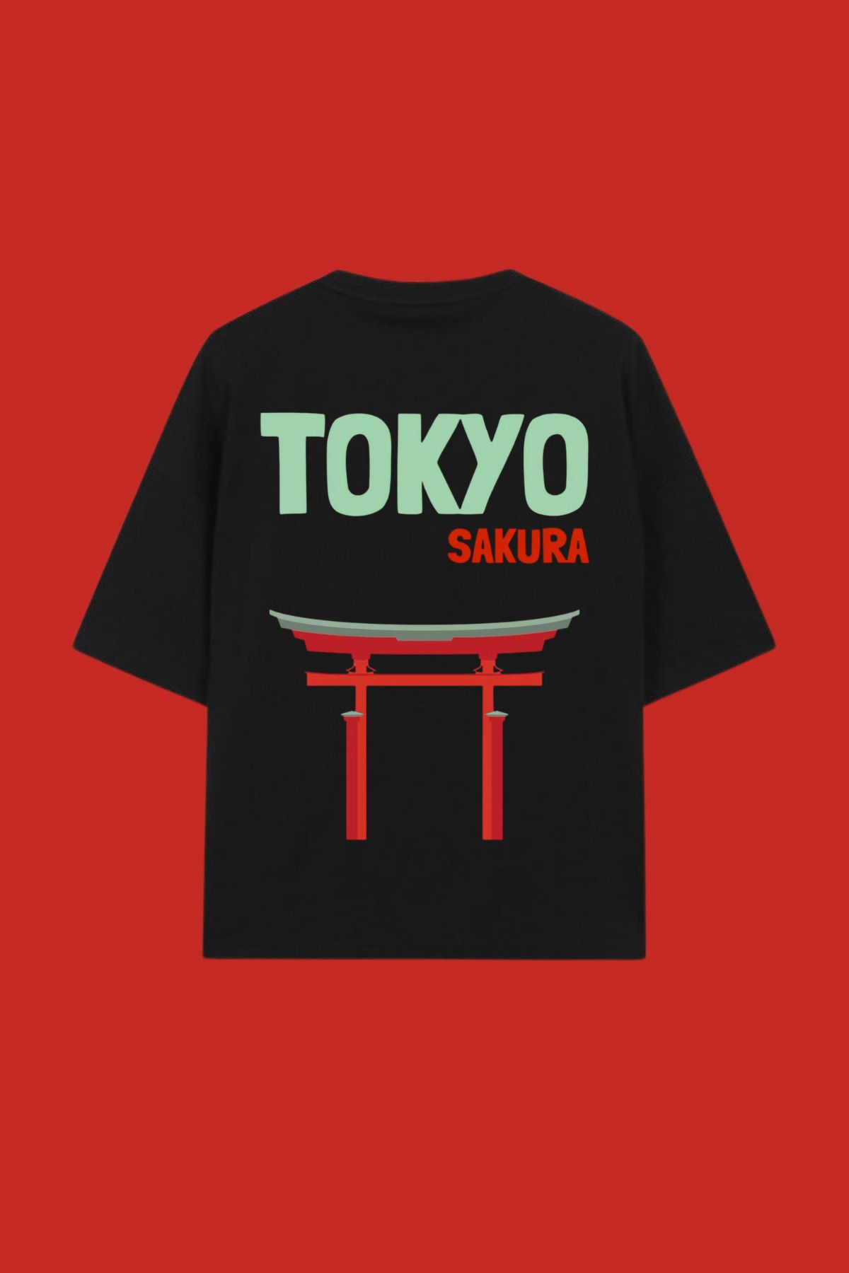 Dupe Design Tokyo Sakura Baskılı Oversize Siyah T-shirt