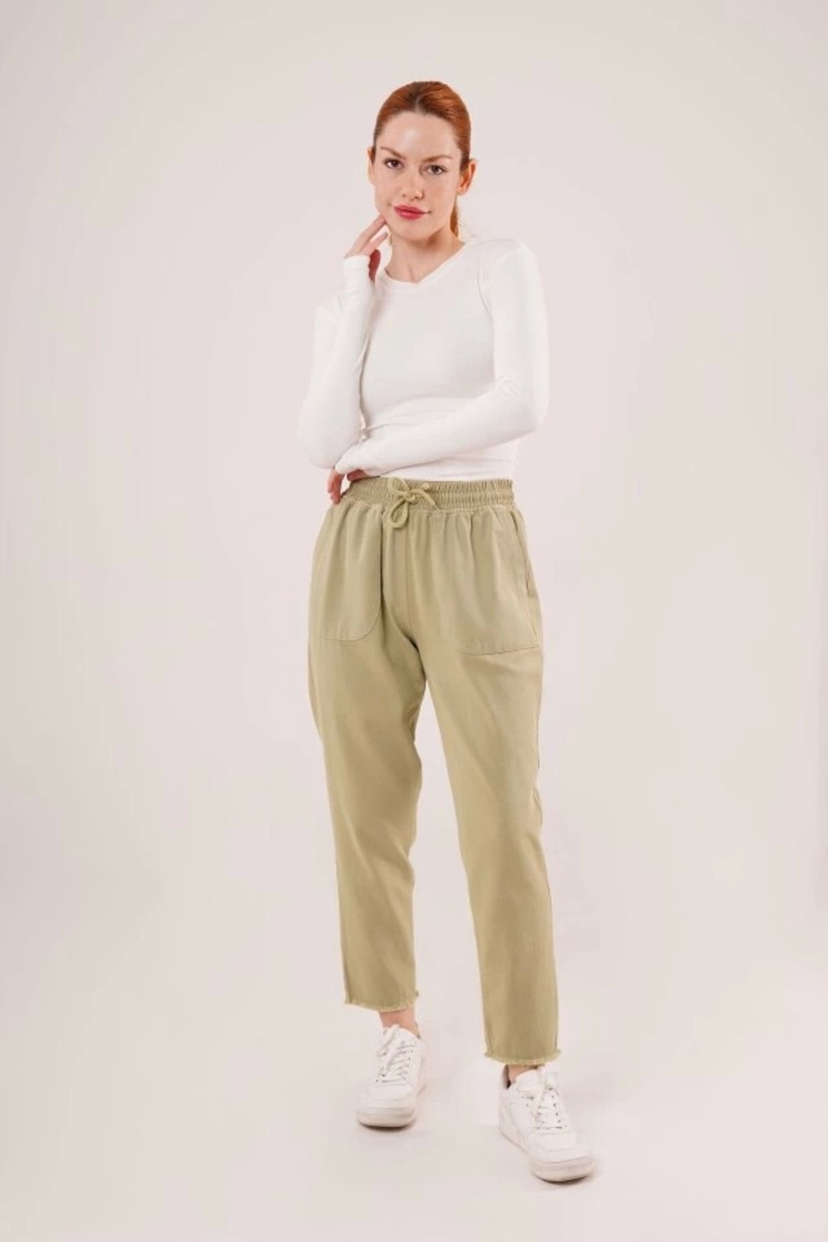 MODA Bağlama Detaylı Cepli Yeşil Pantolon