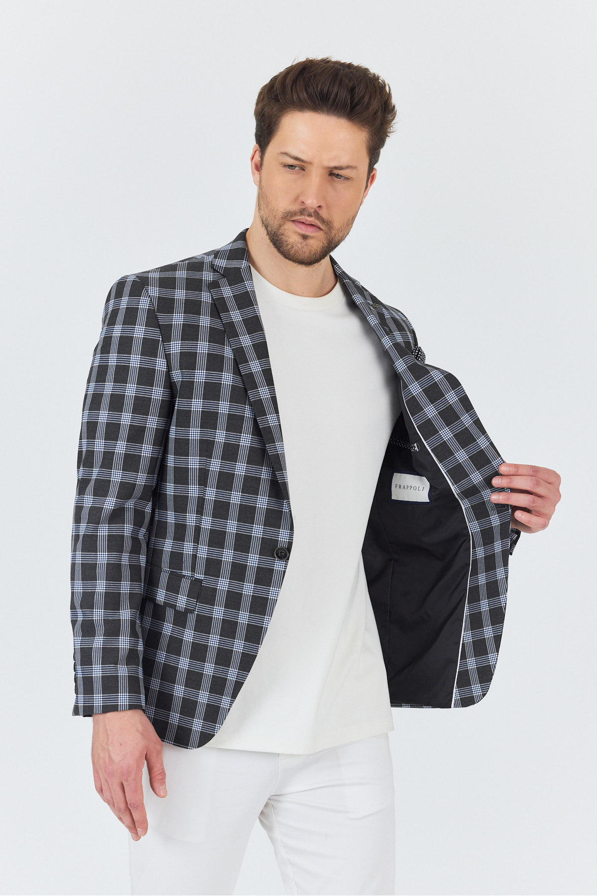 Frappoli-Riccardo Men's Anthracite Plaid Checked Polyviscon Fabric Slim Fit Sports Blazer Jacket 4