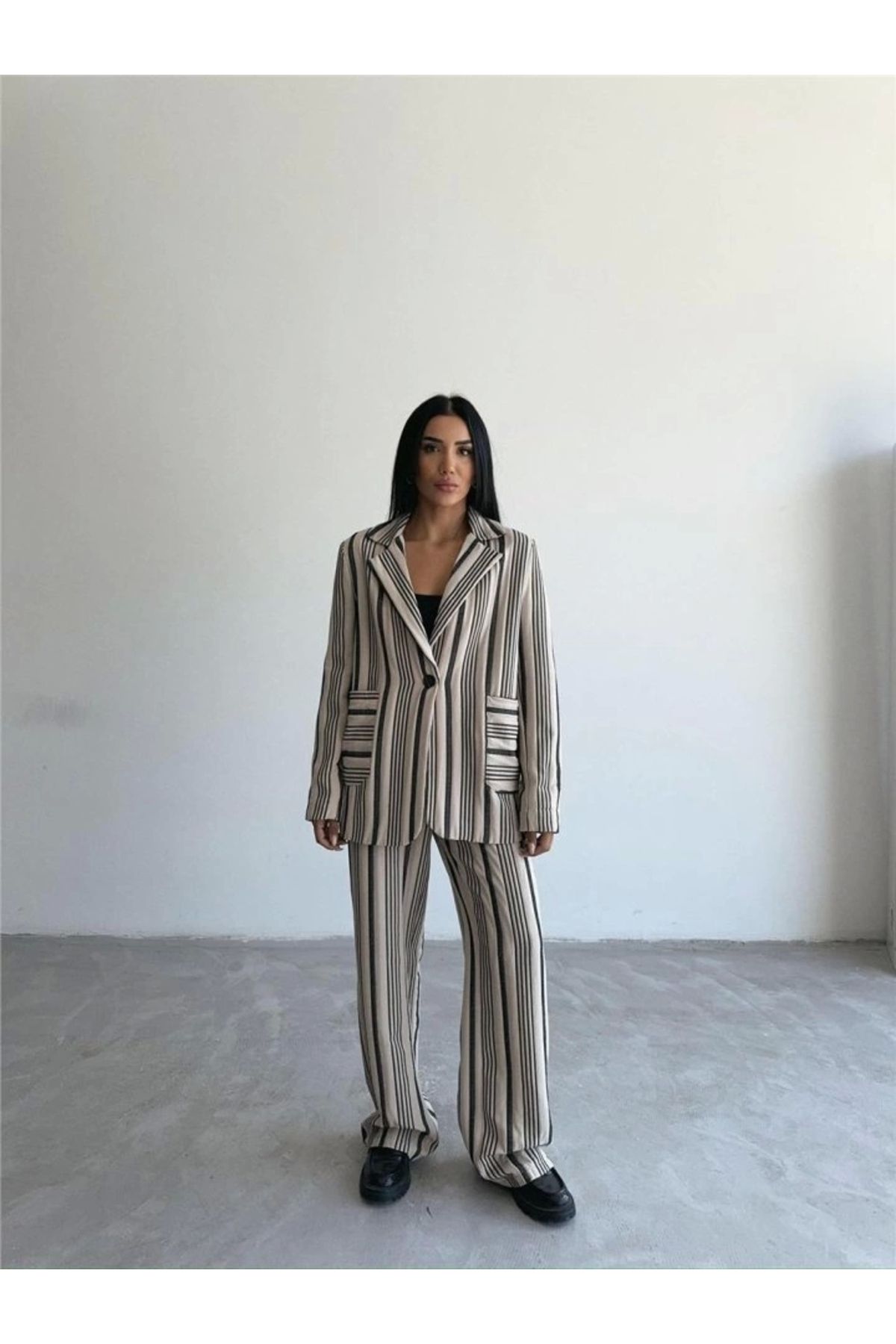 MODA OTTOAN ÇİZGİLİ CEKETPANTOLON TK Bej
