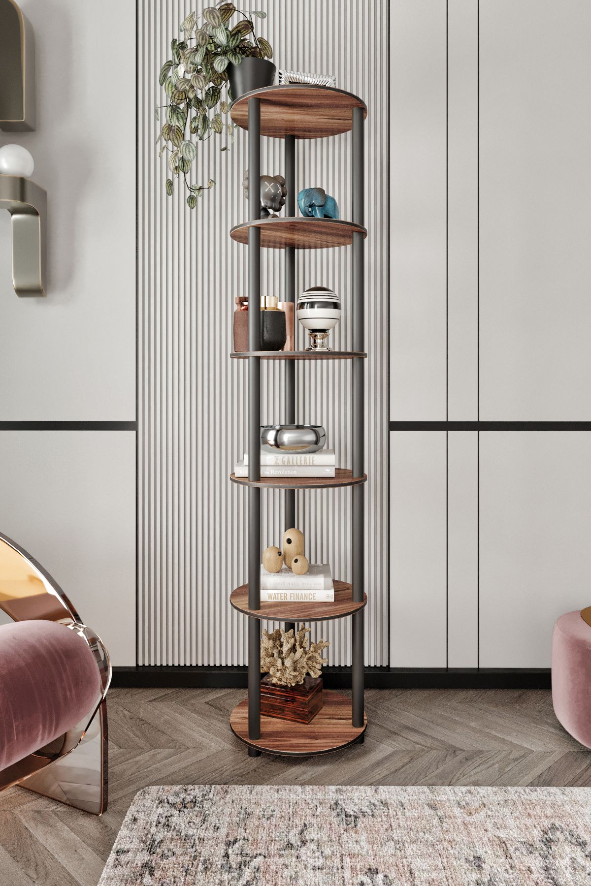 RC HOME Dekoratif 6 Raflı Yuvarlak Kitaplık