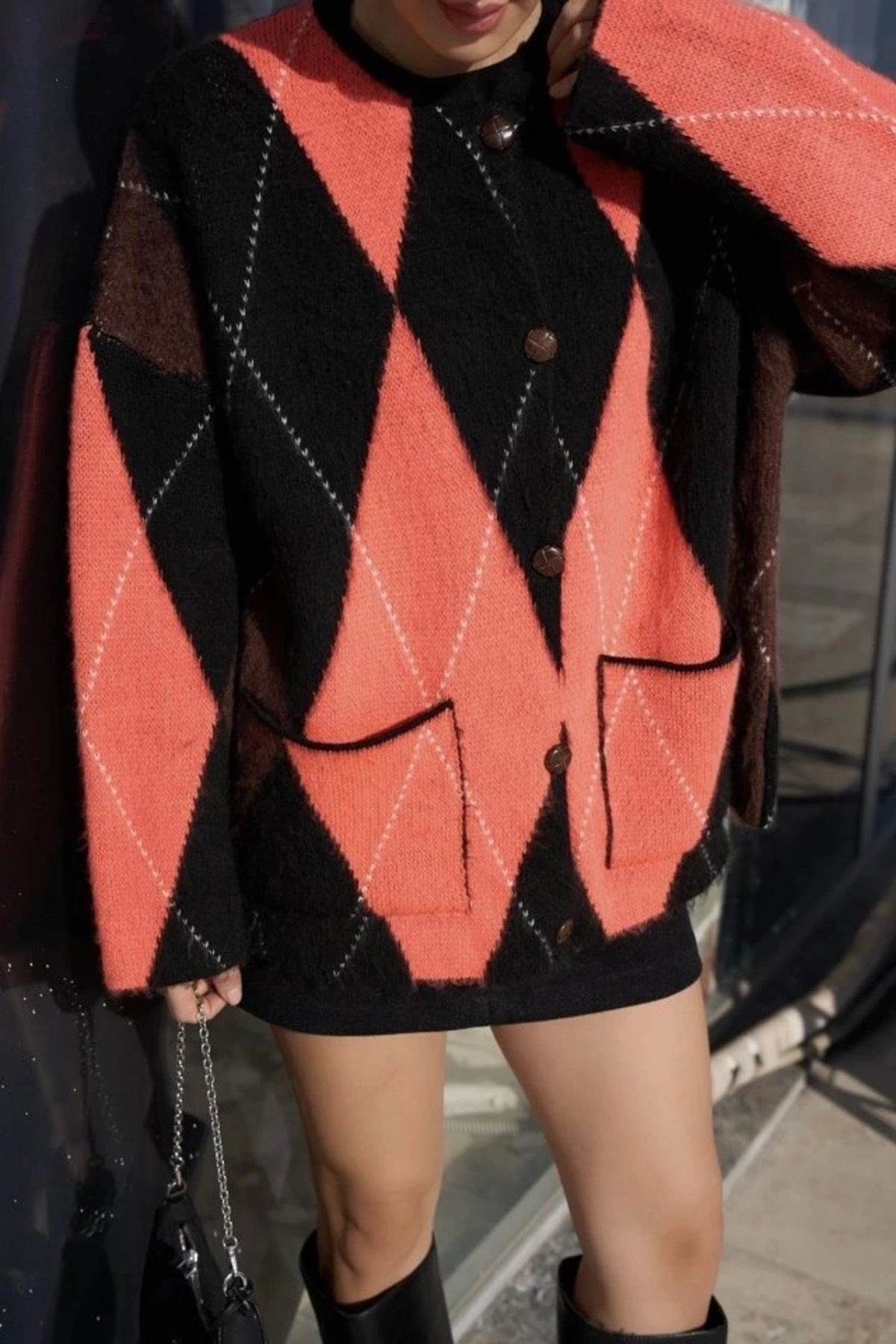 MODA Baklava Desen Cepli Hırka SiyahNeon Oranj