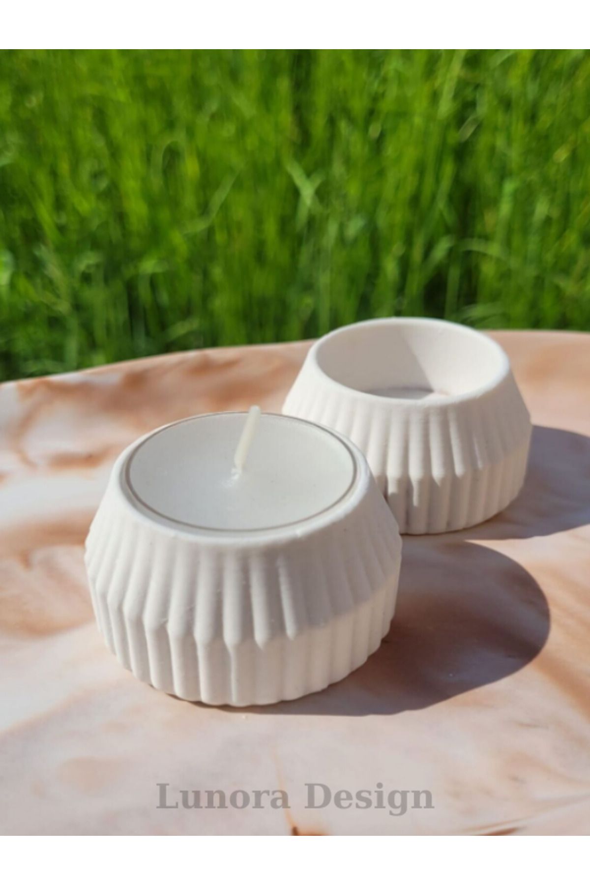 Lunora Design Çizgili Dokuya Sahip 2’li Yuvarlak Tealight Mumluk Seti - Beyaz | Lunora Design