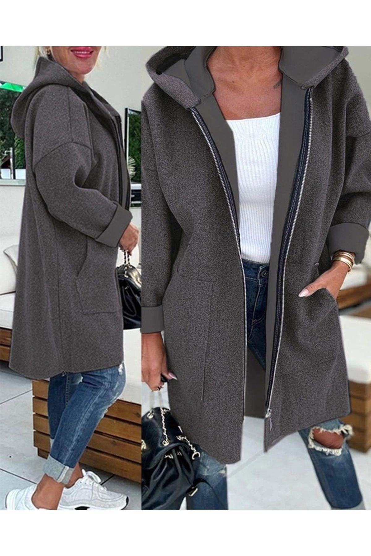 MODA Kadın Uzun Kollu Kapşonlu Fermuar Detaylı Cepli Uzun üç Iplik Ceket