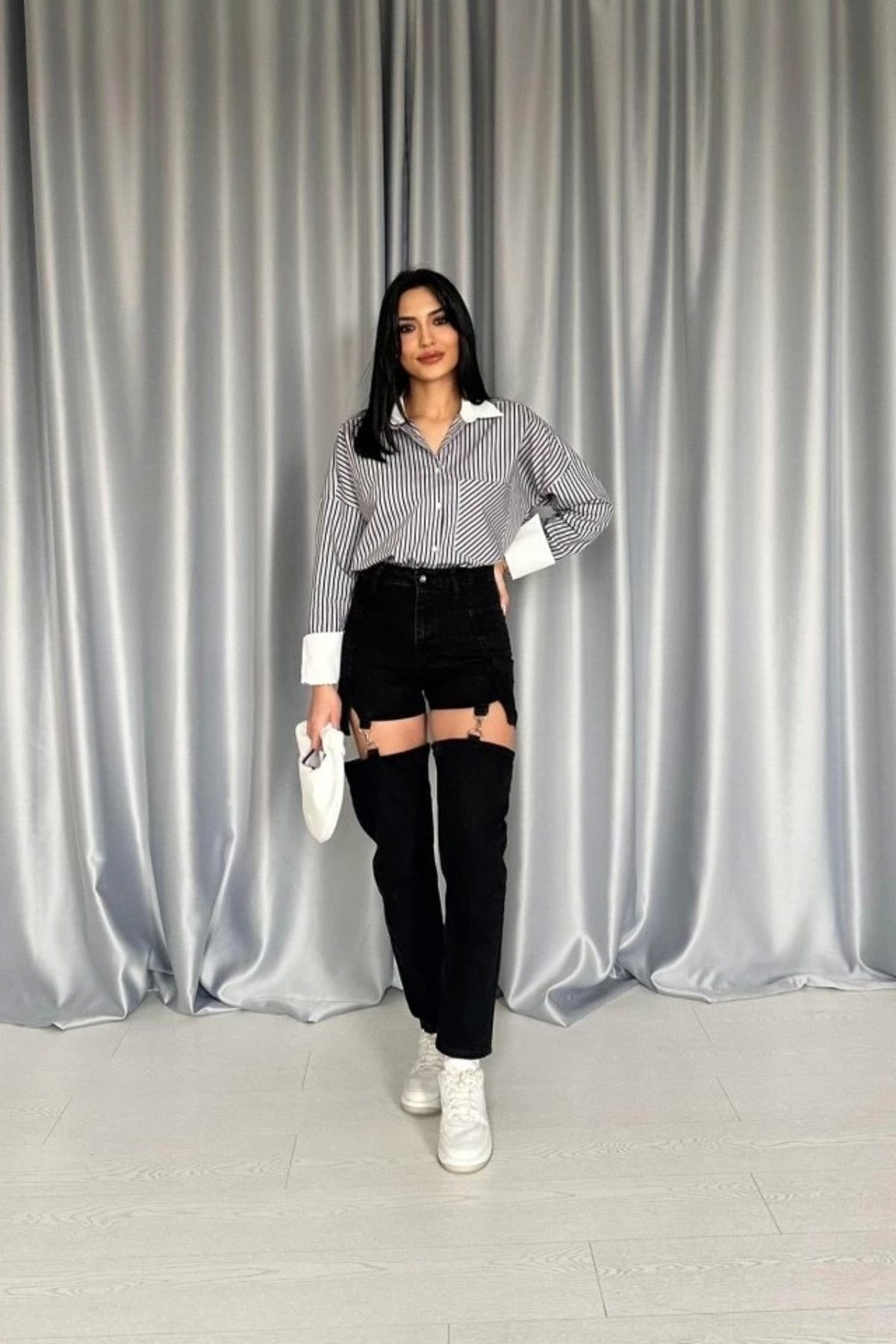 MODA iyah Askılı İki Parça Jeans Pantolon