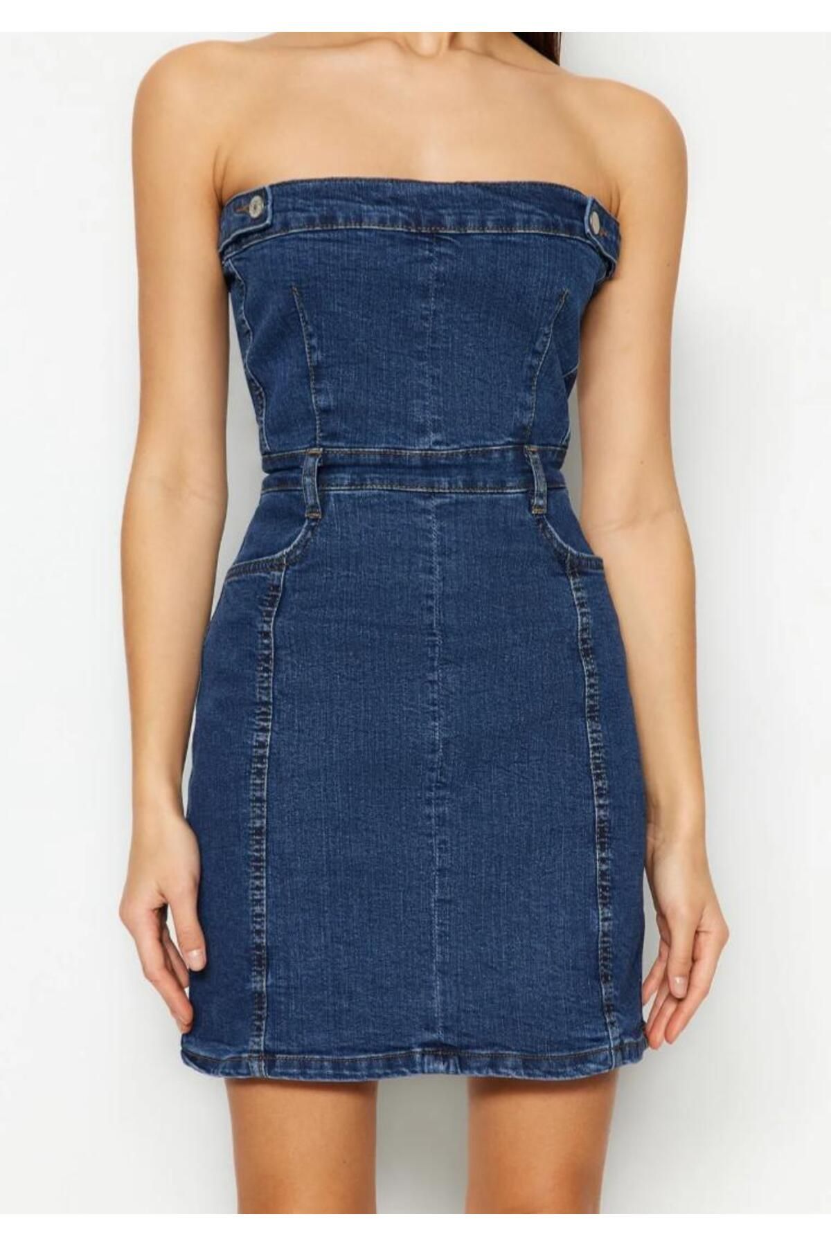 KARACAN COMPANY Limited Edition Mavi Düğme Detaylı Straplez Mini Denim Elbise
