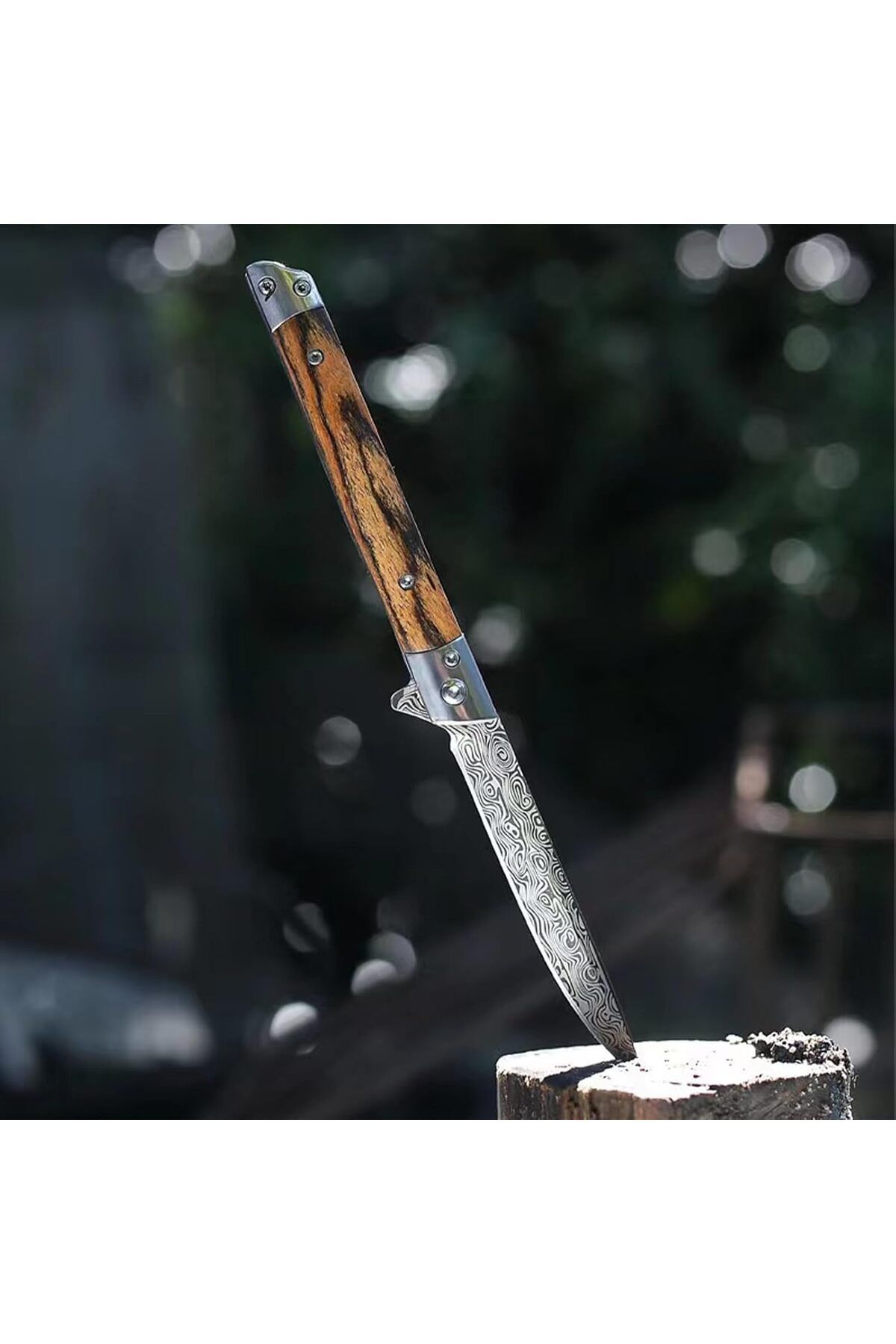 Hediye Vakti Damascus İşlemeli M390 Ahşap Sap Av Çakısı Balıkçı Çakı Deri Kılıflı Çelik Çakı