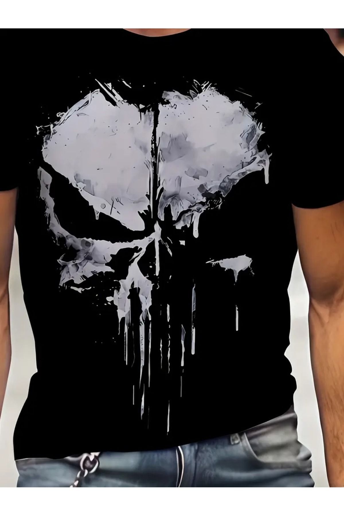 LAND MODA Kafatası Desenli 3D Baskı, Erkekler için Büyük Beden Yuvarlak Yaka Kısa Kollu T-shirt, Erkekler içi