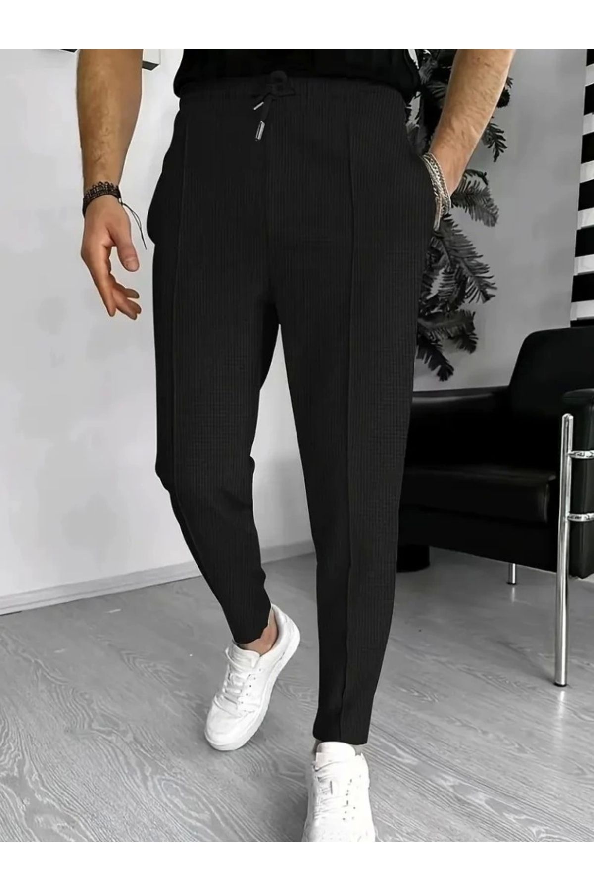 MODA Erkek Yüksek Bel önden Bağcıklı Cepli Waffle Pantolon