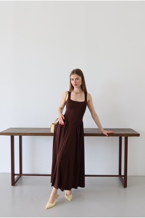 LOISY Kadın Kare Yaka Kalın Askılı Tasarım Elbise