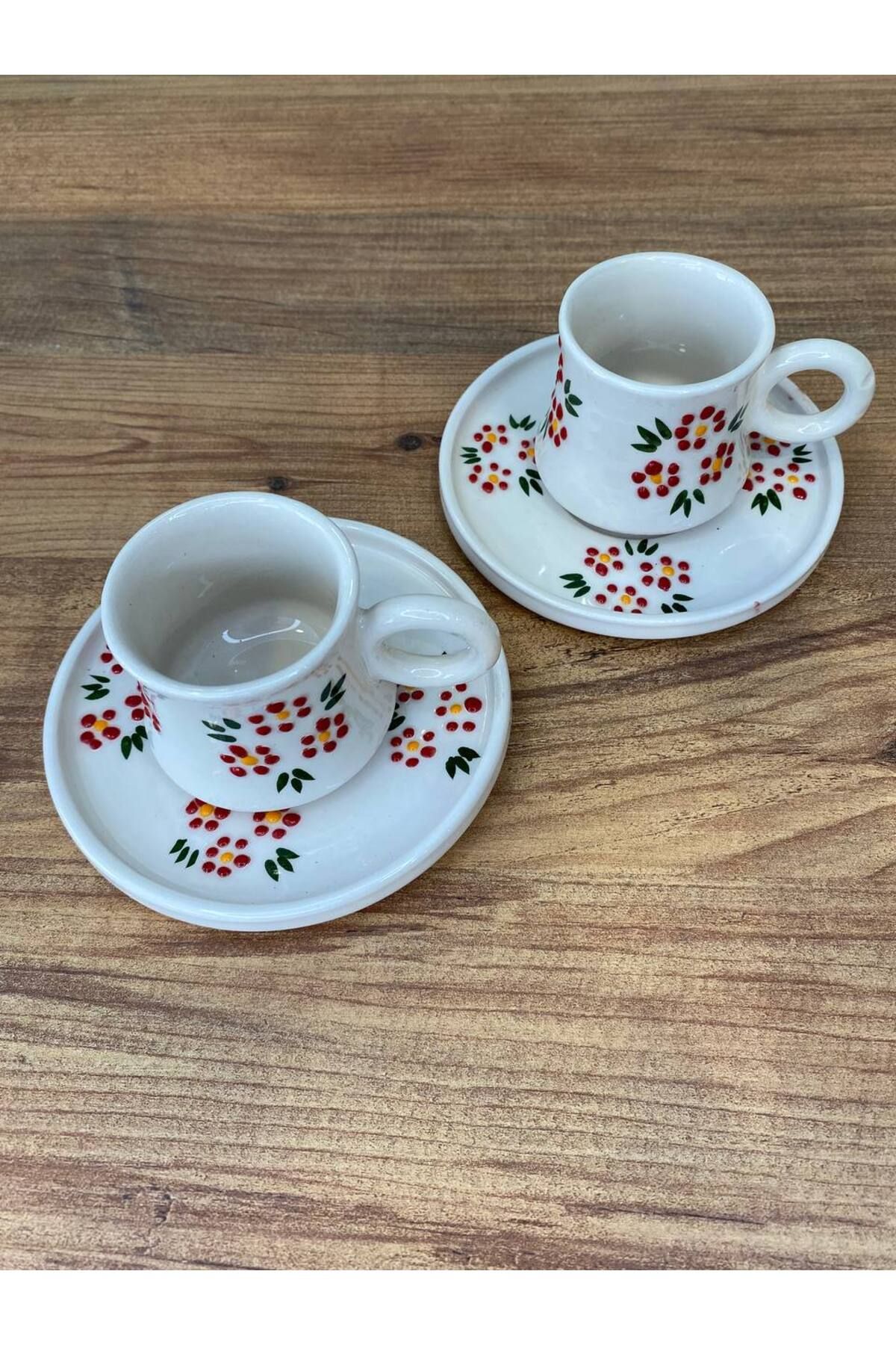 ColorCraft Kırmızı Çiçek Desenli Türk Kahvesi Fincanı takımı 2 Kişilik El yapımı