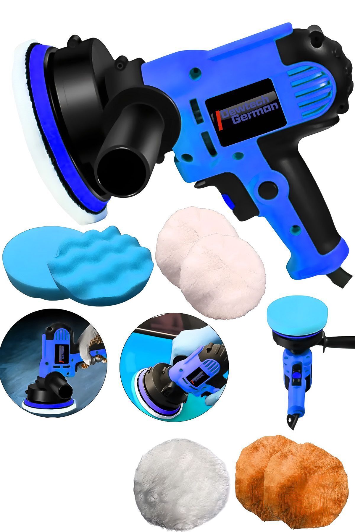 Dewtech German Setli 6 Kademe Devir Ayarlı 115 MM Dik Polisaj Halı Koltuk Yıkama Cila Polisaj Makinası Mavi