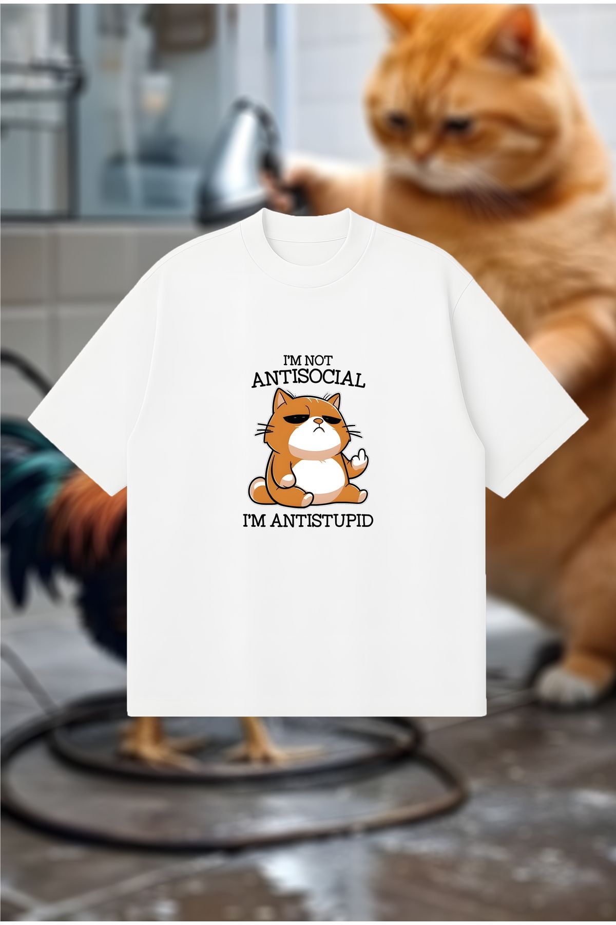 PURE POWER Antisocial Kedi Cat Boxy Fit Oversize Unisex Tshirt – Baskılı Tişört | Streetwear